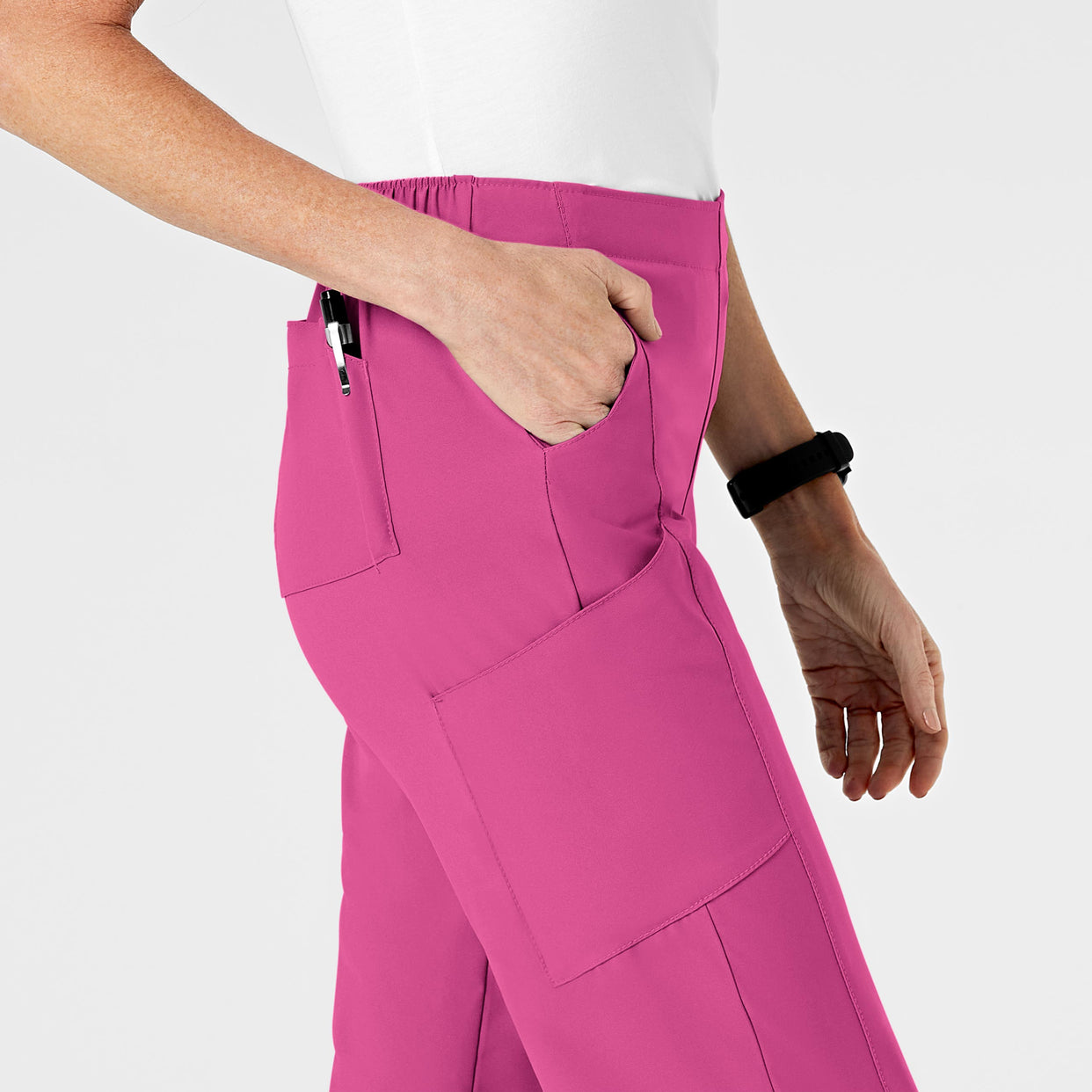 W123 Women's Flat Front Cargo Scrub Pant Hot Pink side detail 2