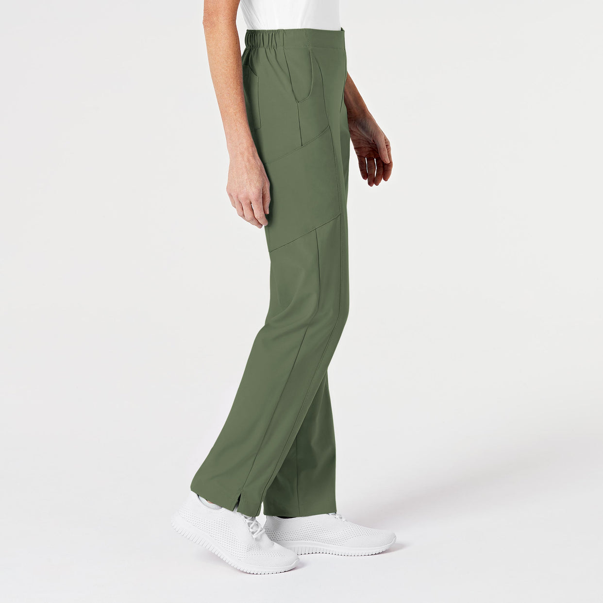W123 Women's Flat Front Cargo Scrub Pant Olive side view