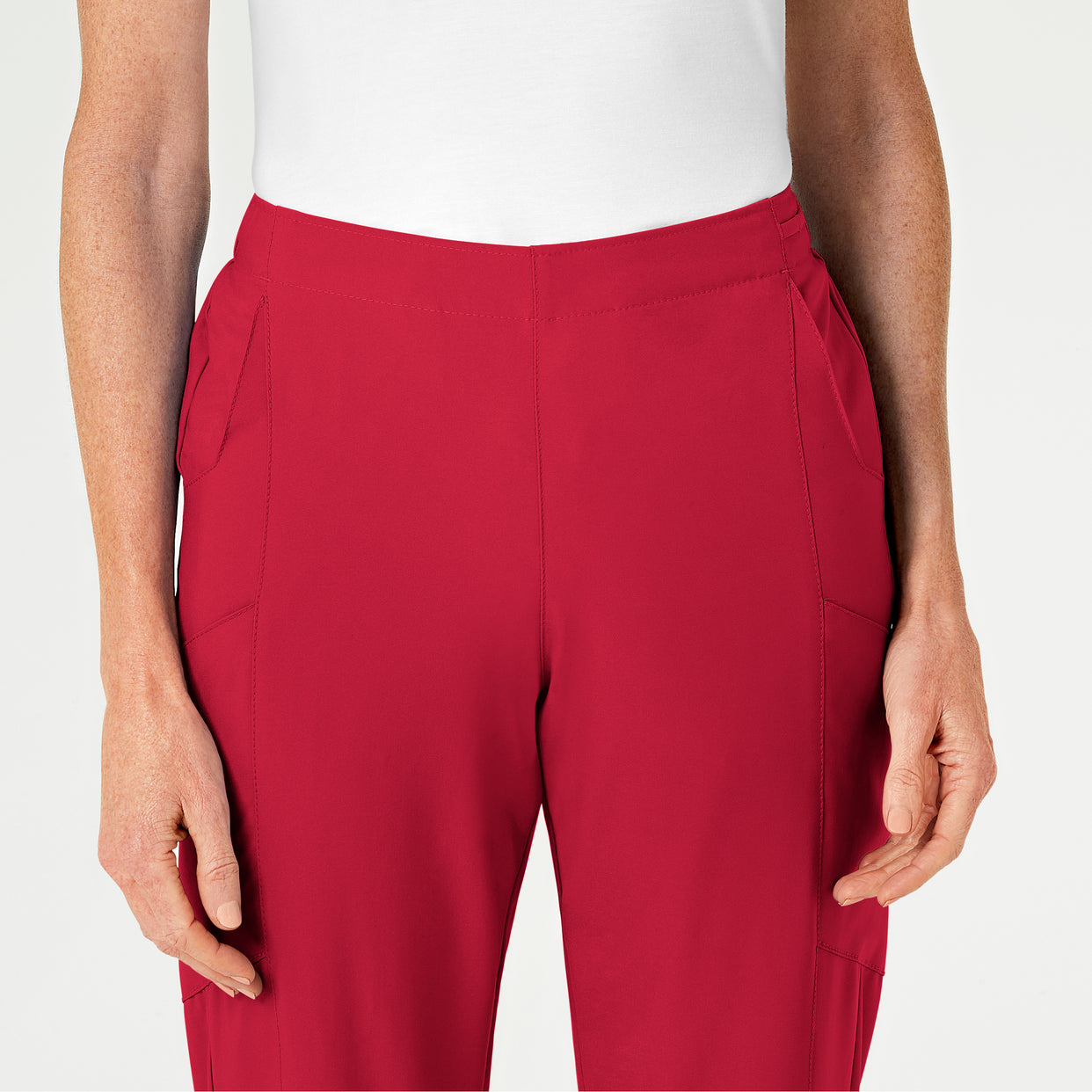 W123 Women's Flat Front Cargo Scrub Pant Red front detail