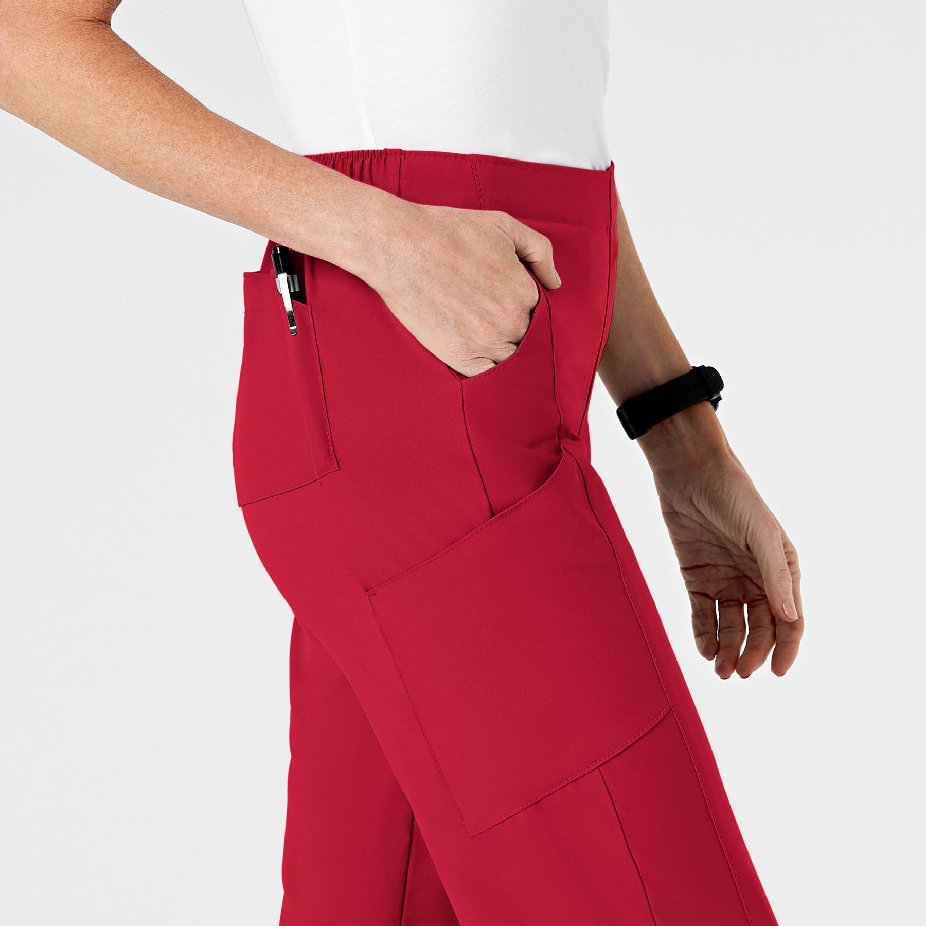 W123 Women's Flat Front Cargo Scrub Pant Red side detail 2