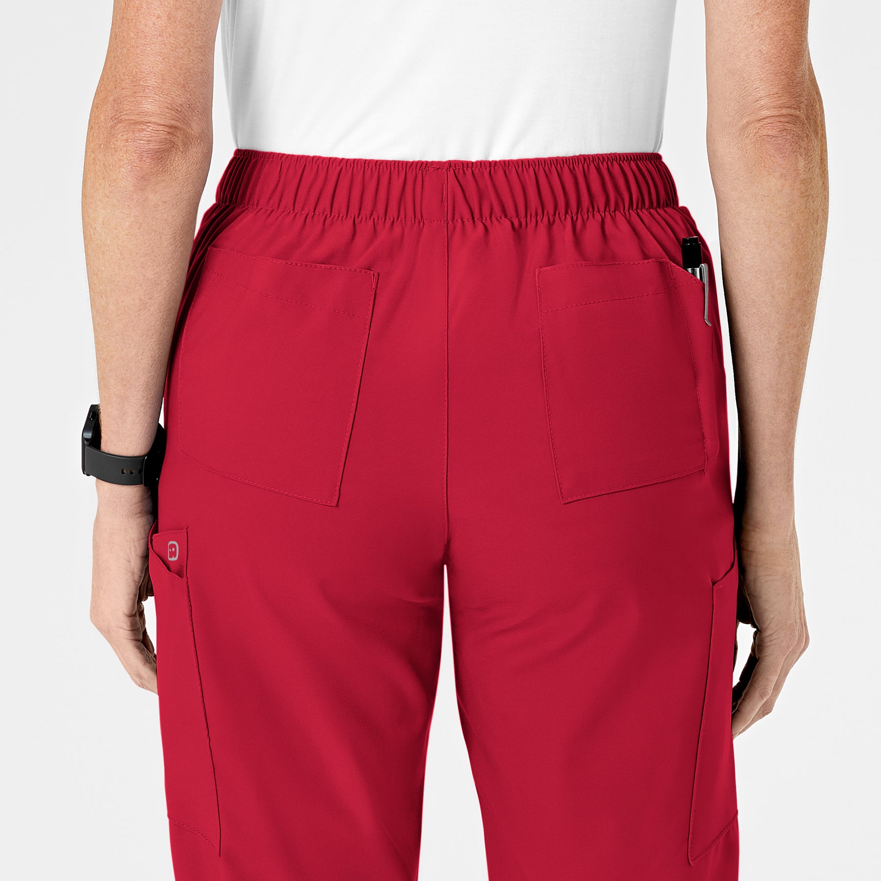 W123 Women's Flat Front Cargo Scrub Pant Red back detail