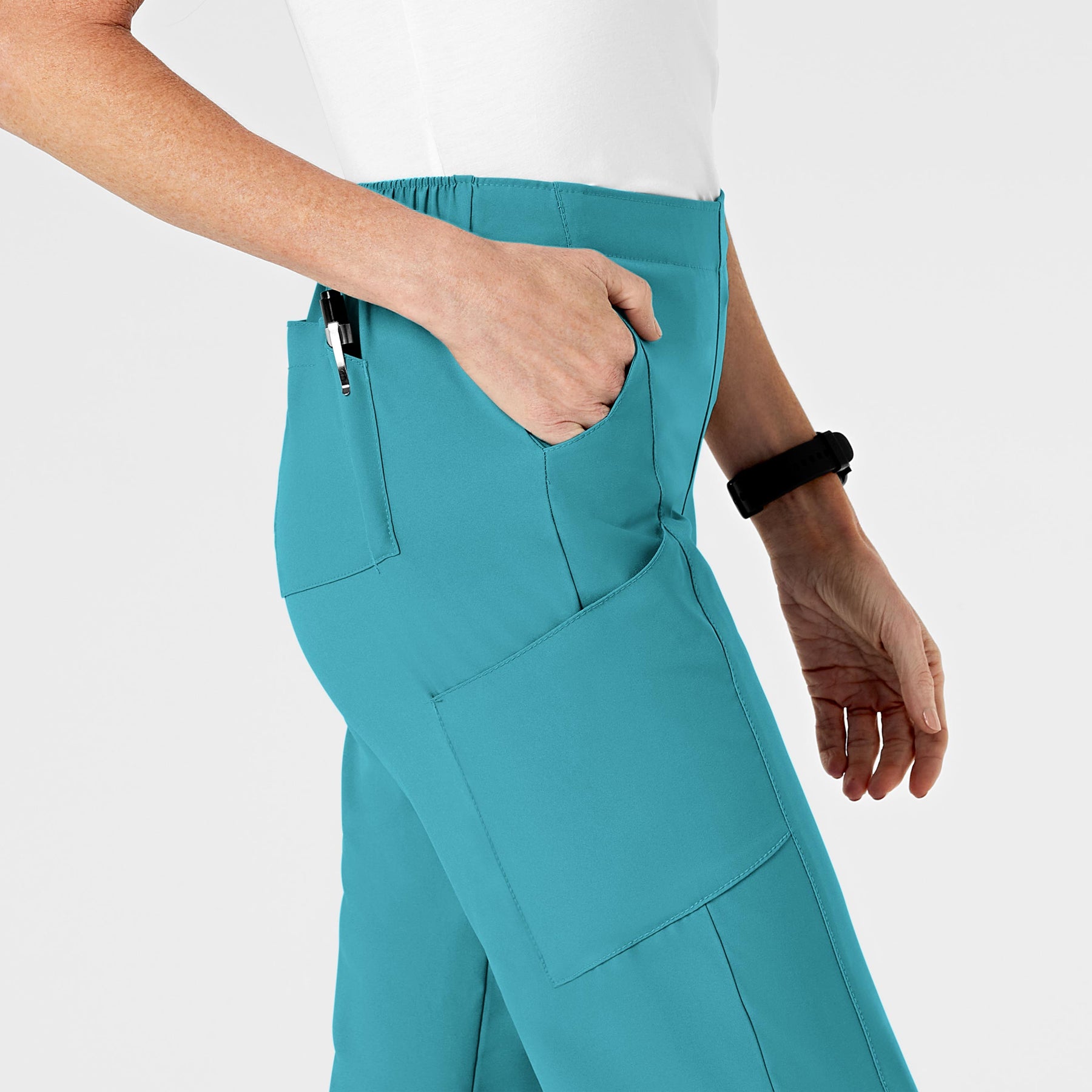 W123 Women's Flat Front Cargo Scrub Pant Teal Blue side detail 2