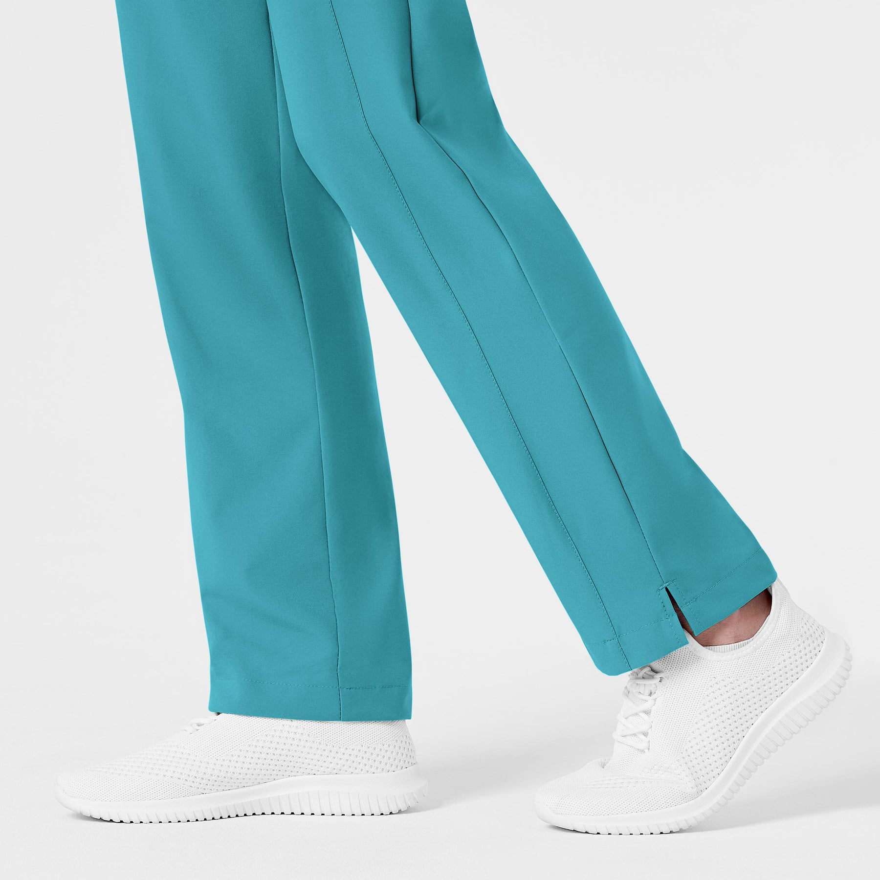 W123 Women's Flat Front Cargo Scrub Pant Teal Blue hemline detail