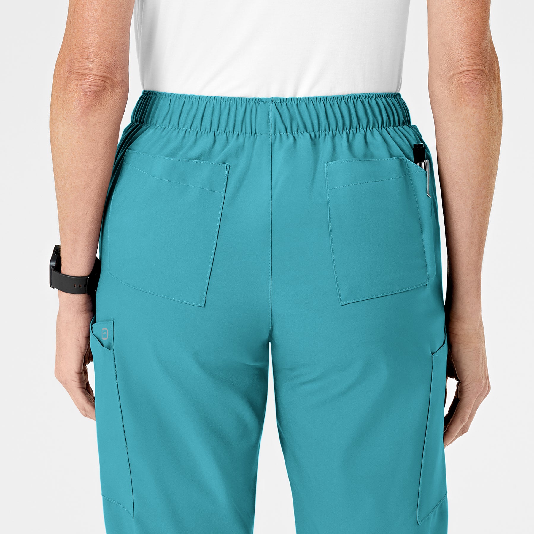 W123 Women's Flat Front Cargo Scrub Pant Teal Blue back detail