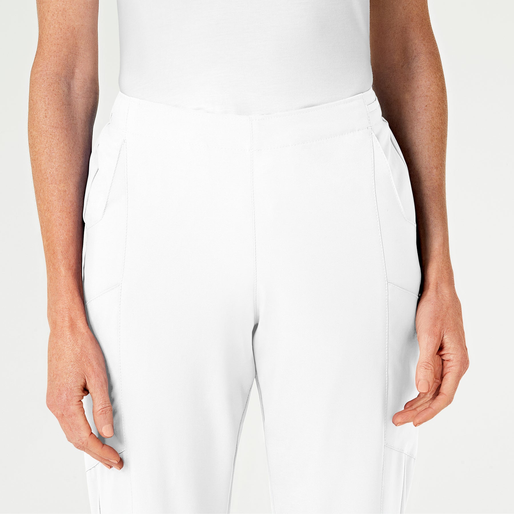 W123 Women's Flat Front Cargo Scrub Pant White front detail