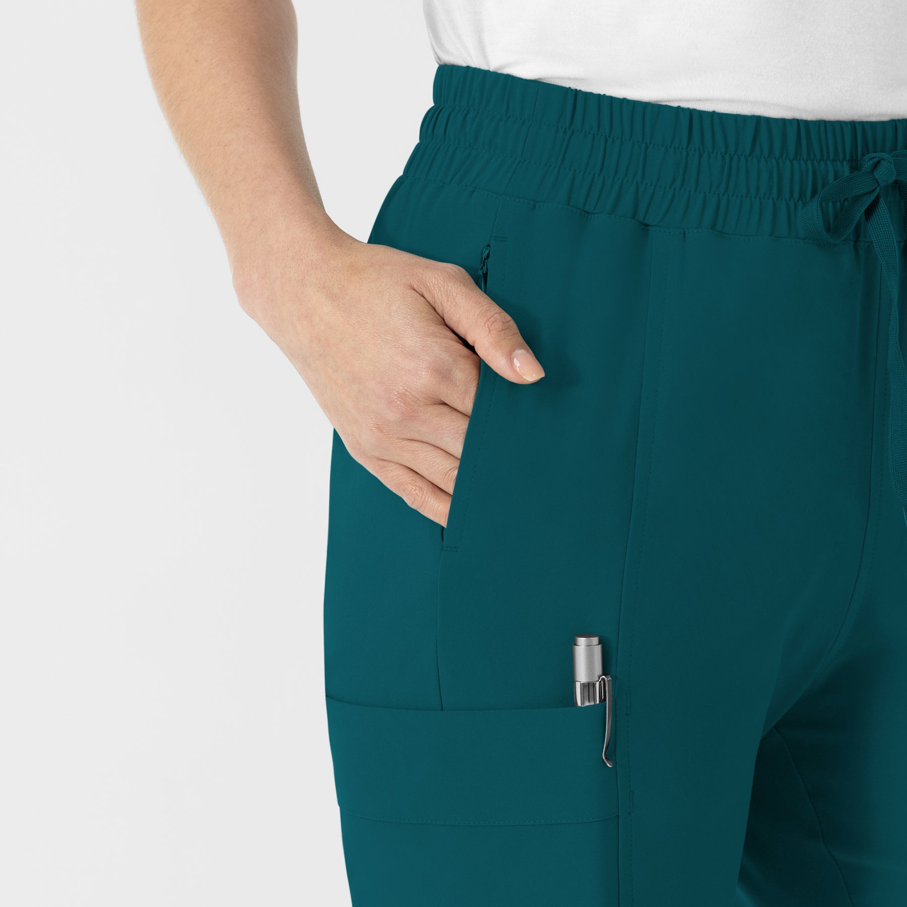 RENEW Women’s High Waist Tapered Scrub Pant Caribbean front detail