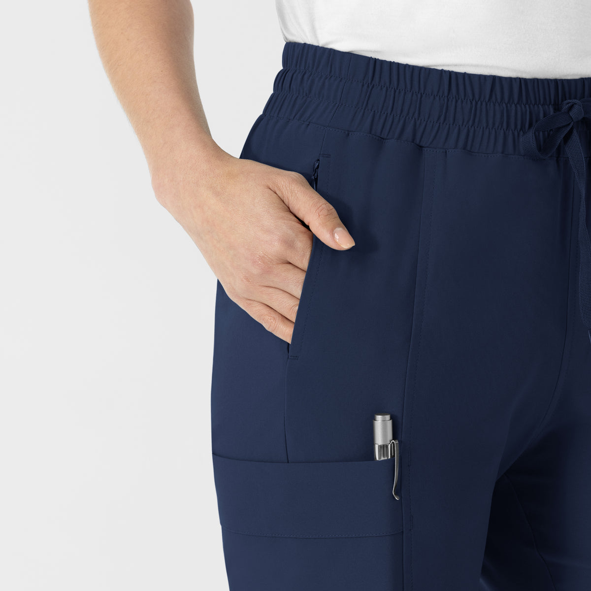 RENEW Women’s High Waist Tapered Scrub Pant Navy front detail