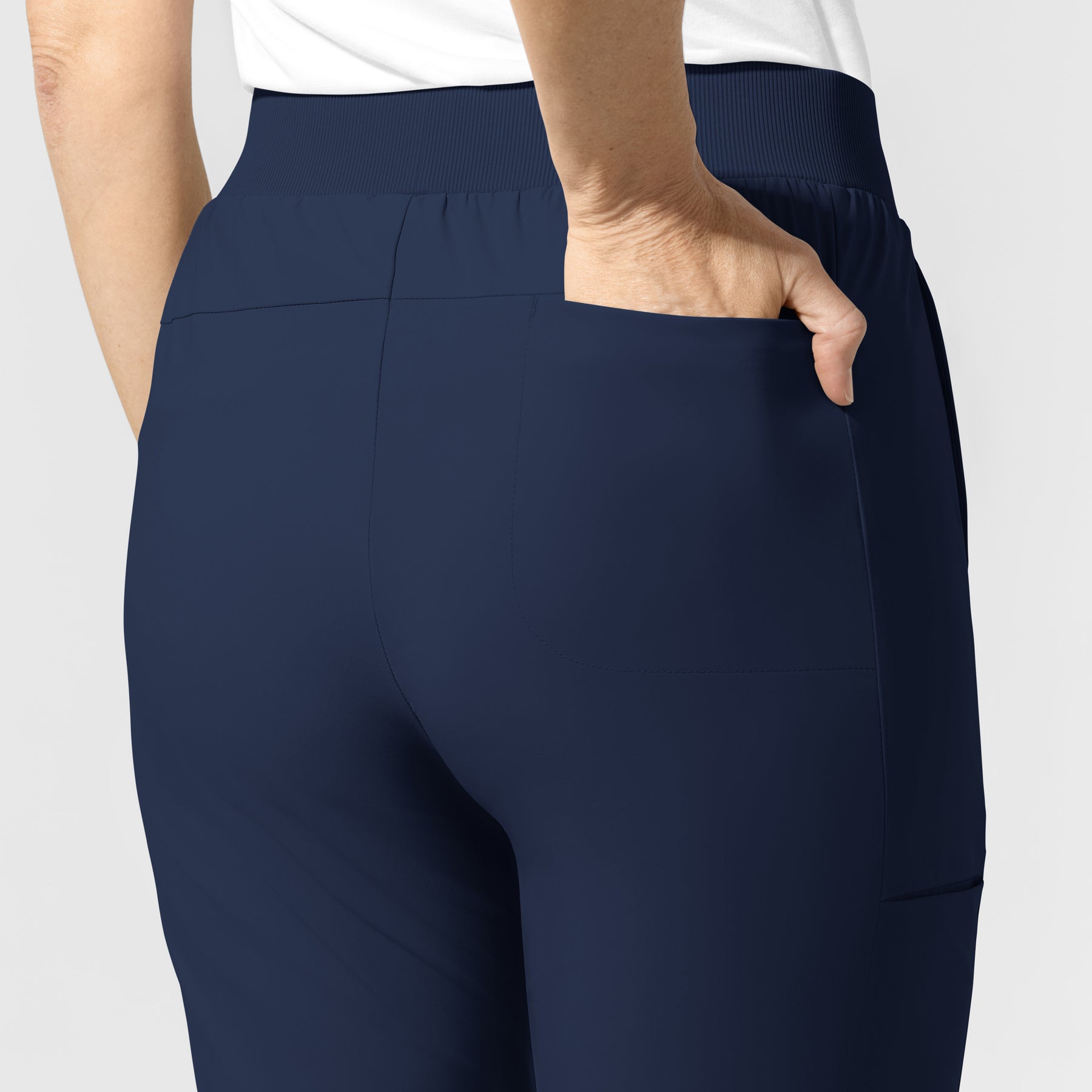 AURA Women's Grace Mid Rise Bootcut Scrub Pant Navy front detail