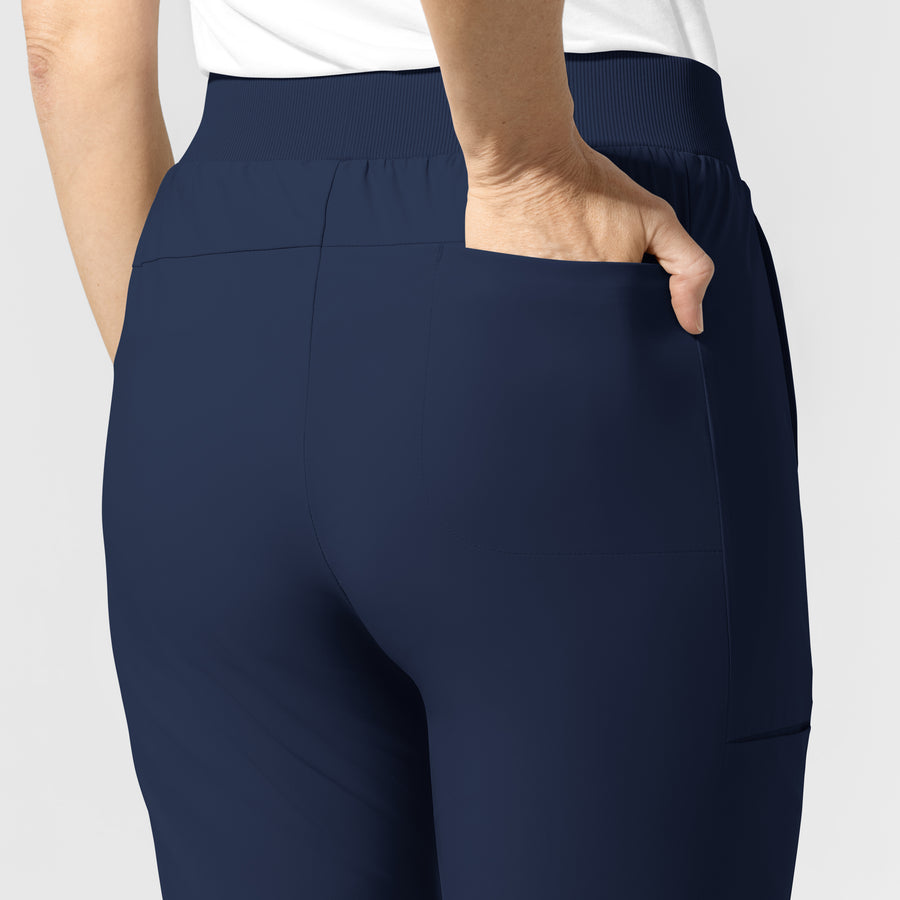 AURA Women's Grace Mid Rise Bootcut Scrub Pant Navy front detail