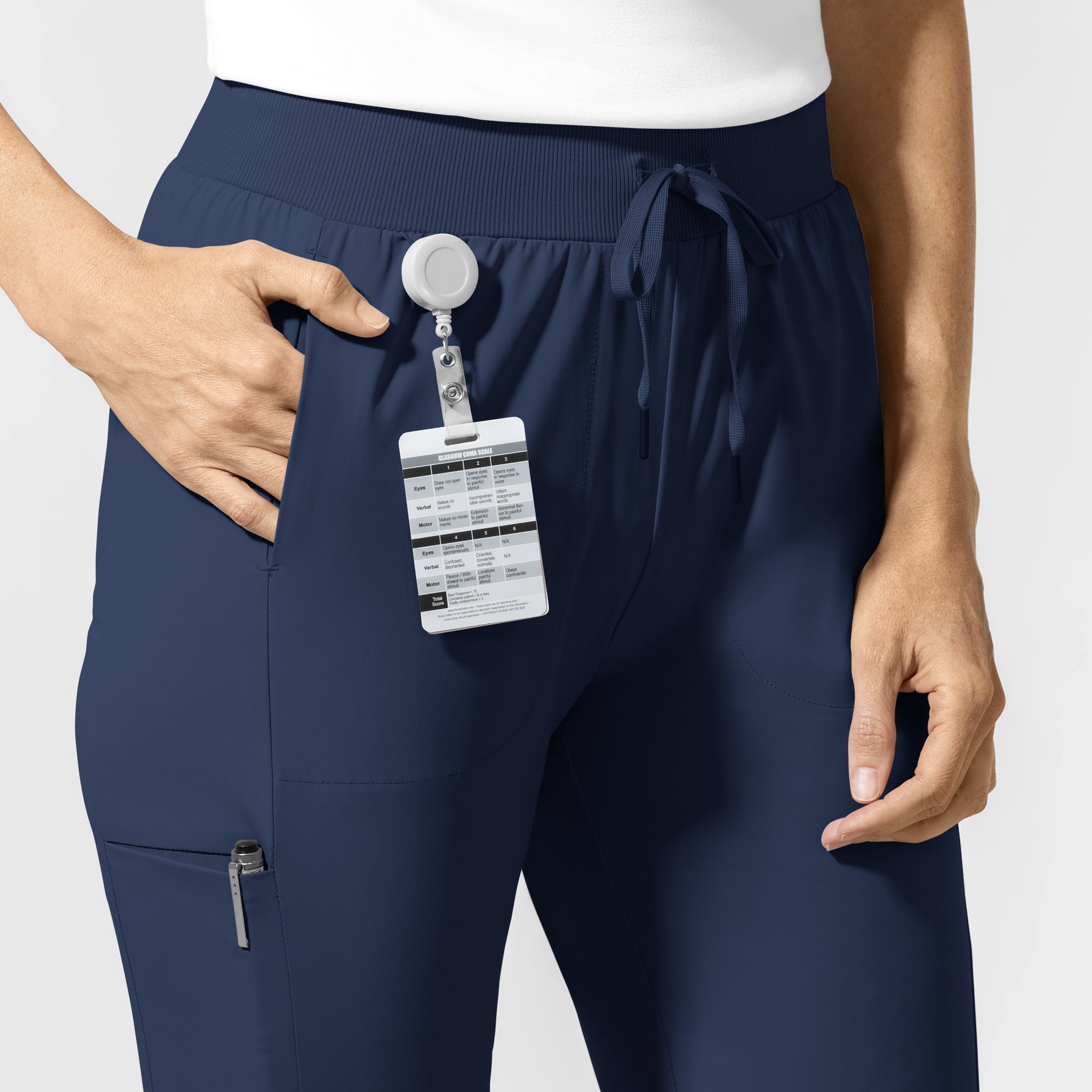 AURA Women's Grace Mid Rise Bootcut Scrub Pant Navy side detail 2