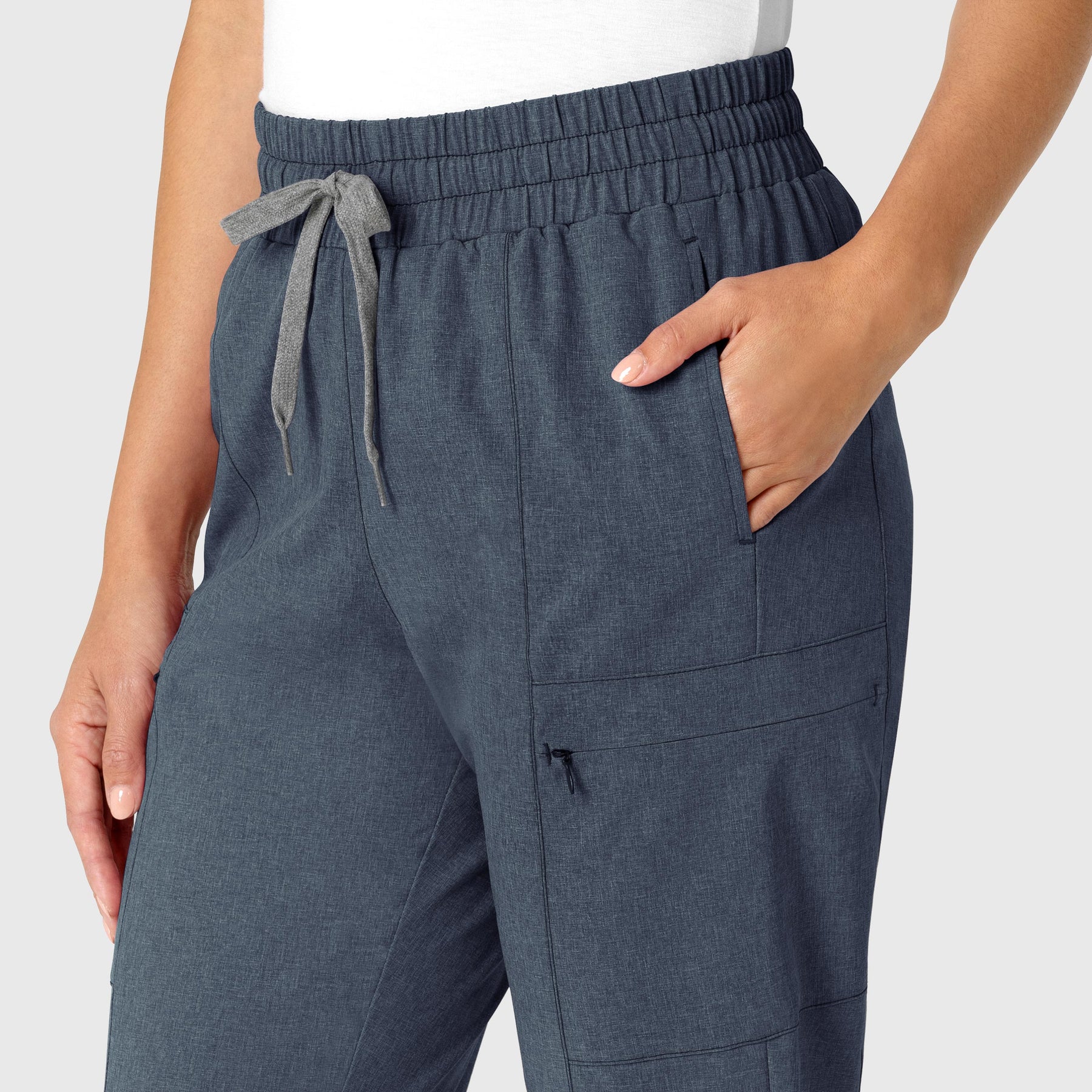 RENEW Women's High Waist Slim Leg Scrub Pant Navy Heather front detail