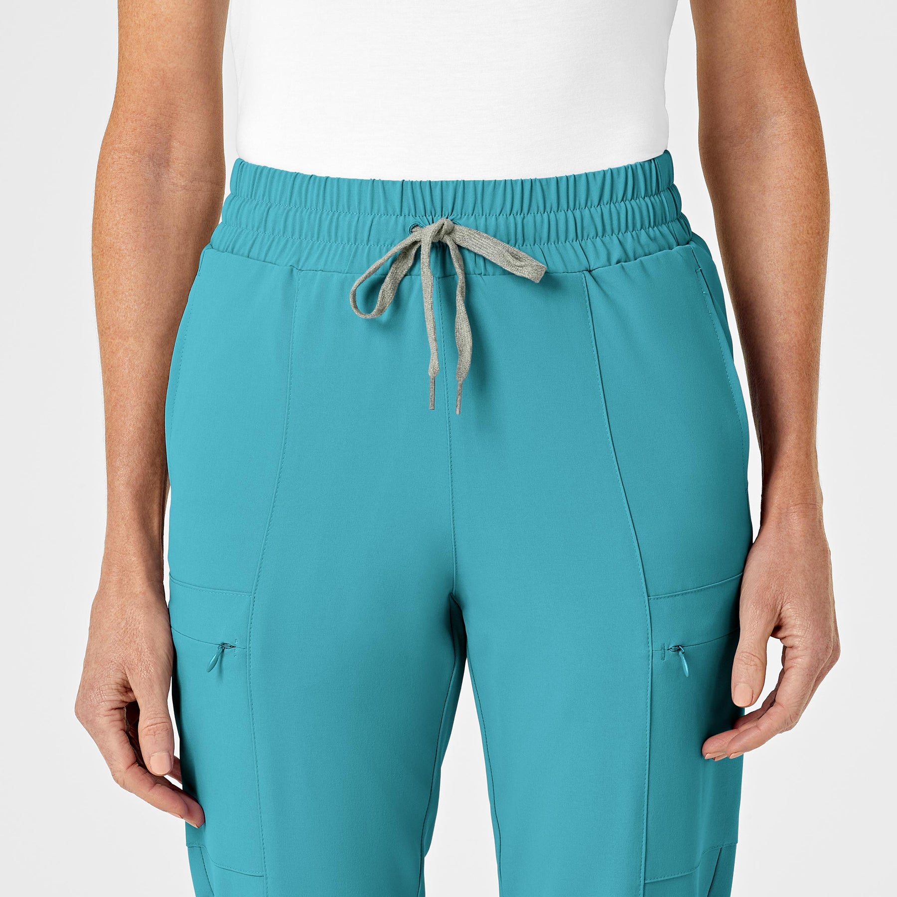 RENEW Women's High Waist Slim Leg Scrub Pant Teal Blue front detail