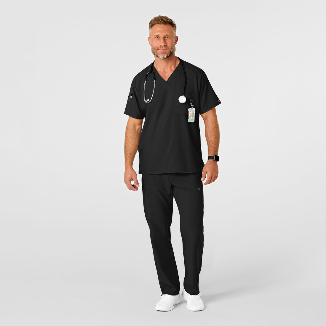 W123 Men's Flat Front Cargo Scrub Pant Black scrub set
