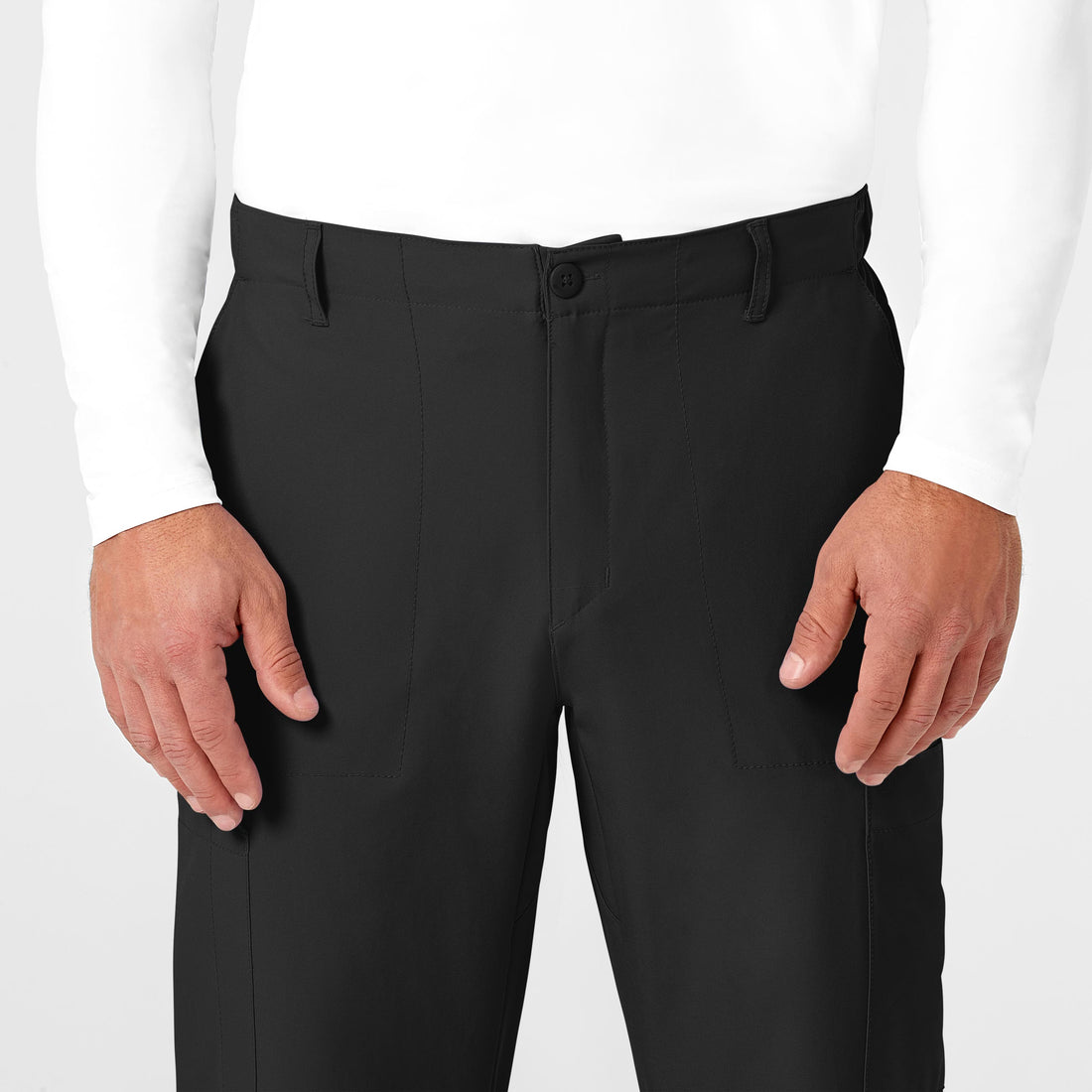 W123 Men's Flat Front Cargo Scrub Pant Black front detail