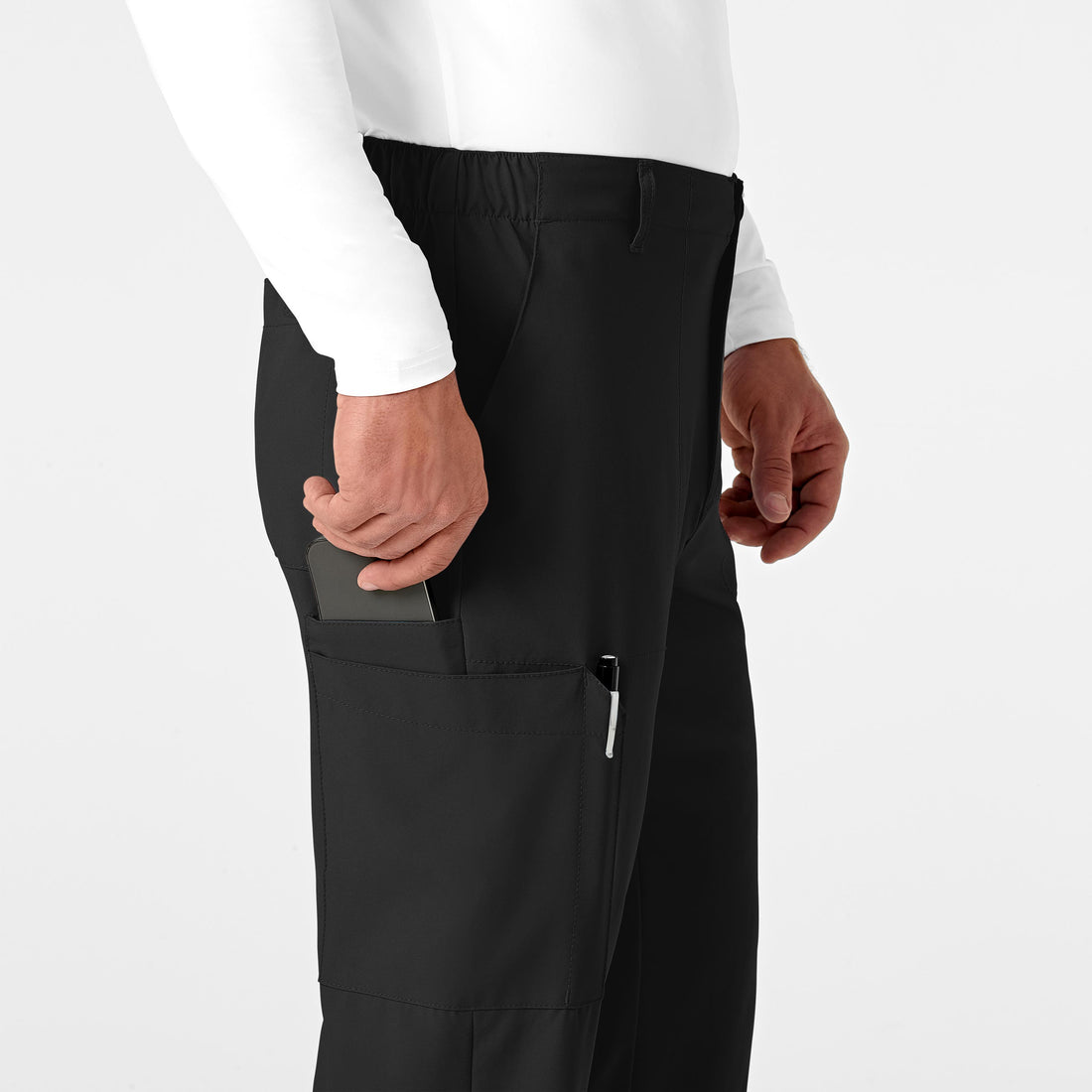 W123 Men's Flat Front Cargo Scrub Pant Black side detail 1