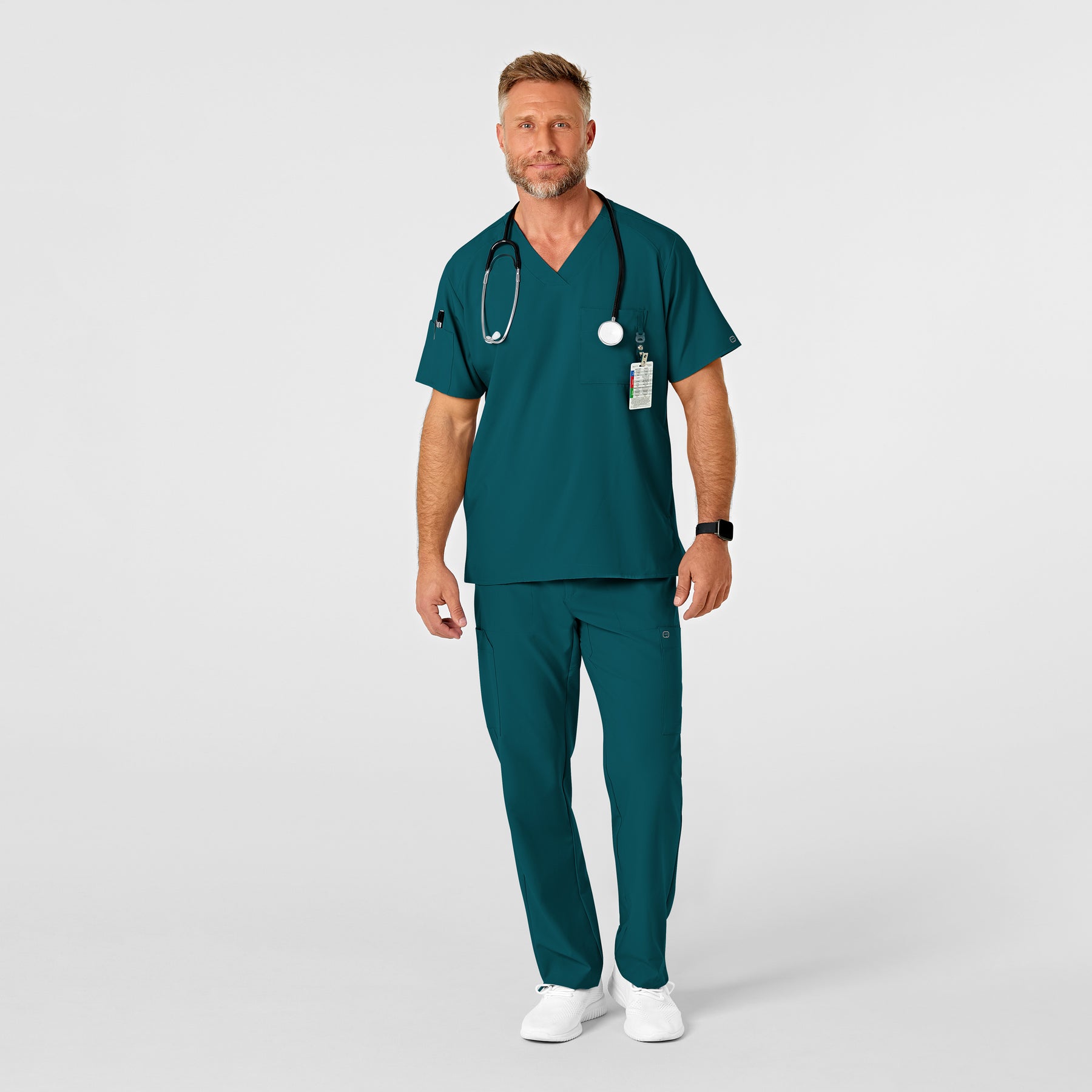 W123 Men's Flat Front Cargo Scrub Pant Caribbean Blue scrub set