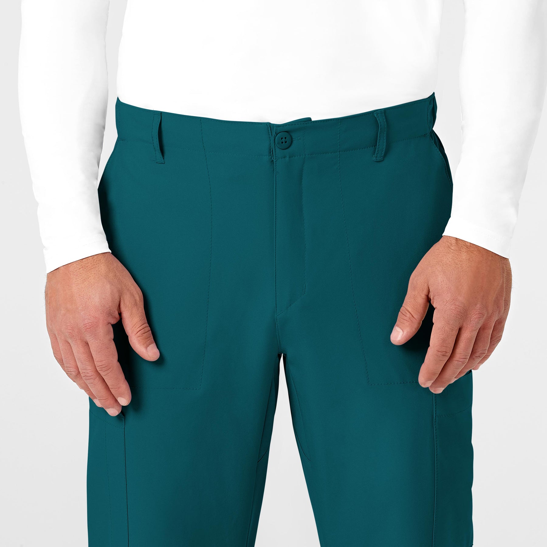 W123 Men's Flat Front Cargo Scrub Pant Caribbean Blue front detail