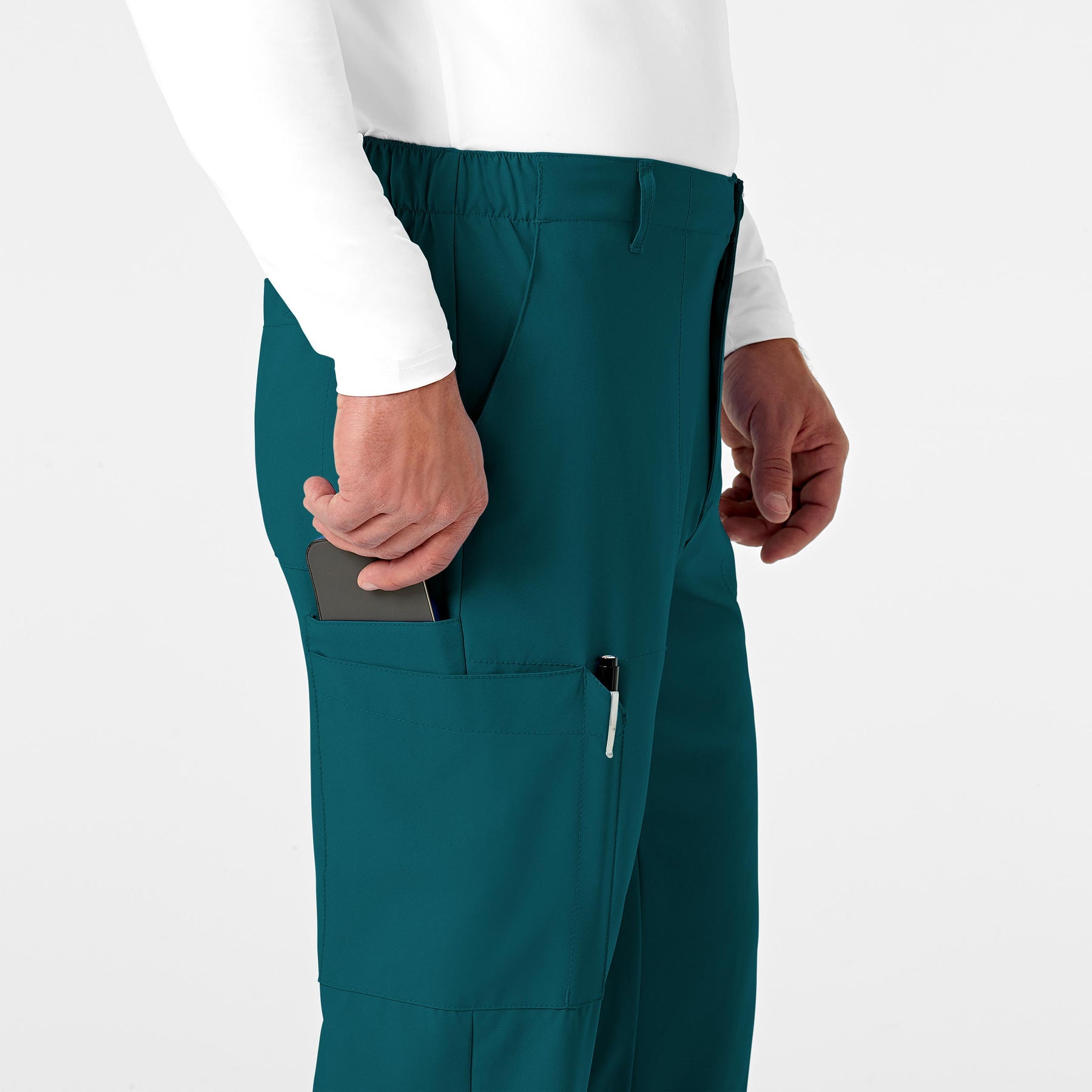 W123 Men's Flat Front Cargo Scrub Pant Caribbean Blue side detail 1