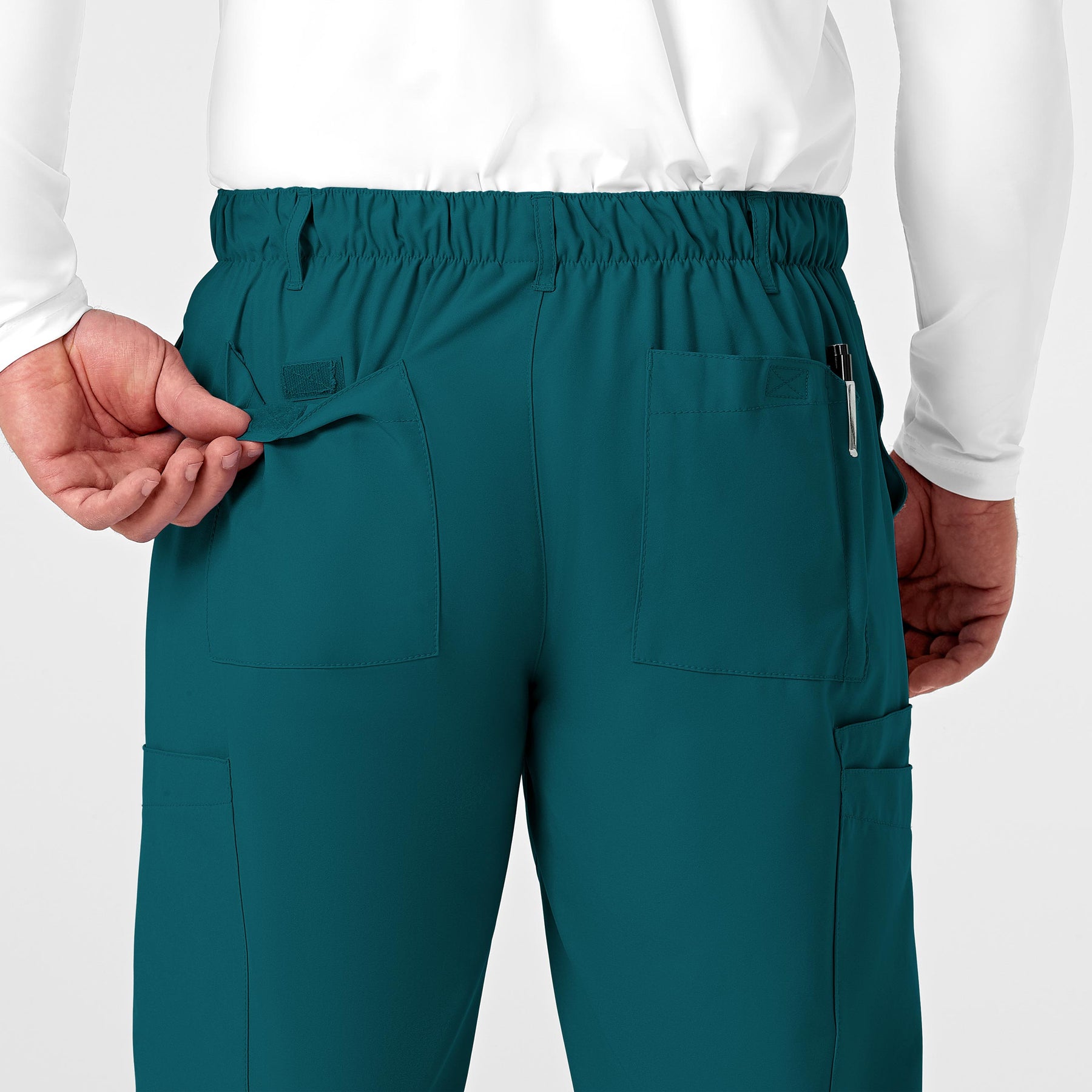 W123 Men's Flat Front Cargo Scrub Pant Caribbean Blue back detail