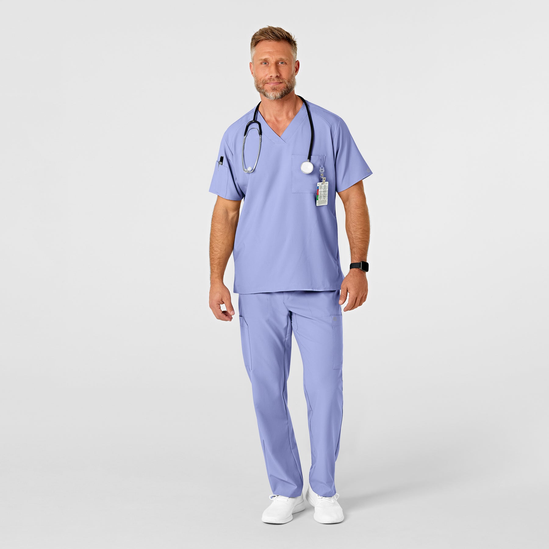 W123 Men's Flat Front Cargo Scrub Pant Ceil Blue scrub set