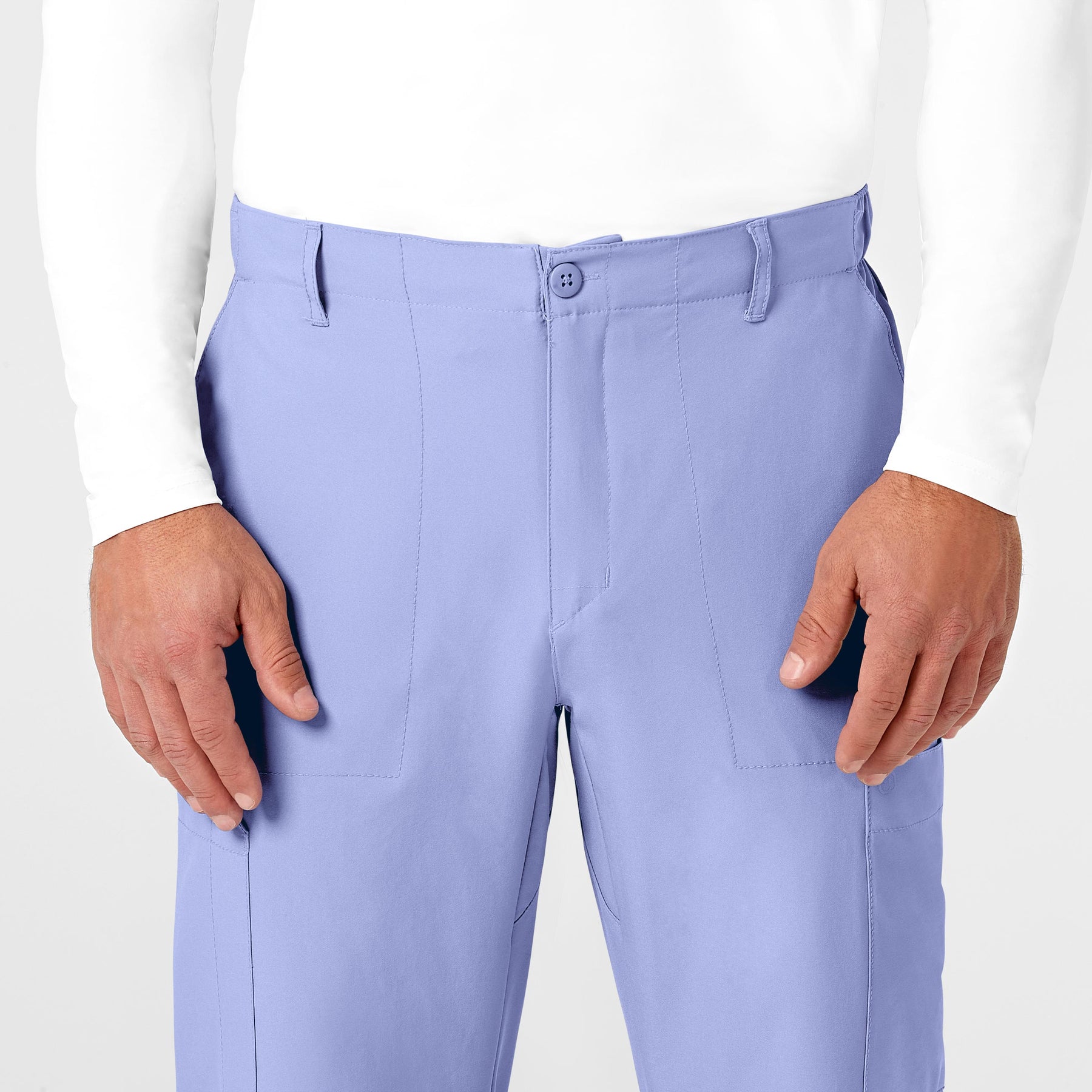 W123 Men's Flat Front Cargo Scrub Pant Ceil Blue front detail