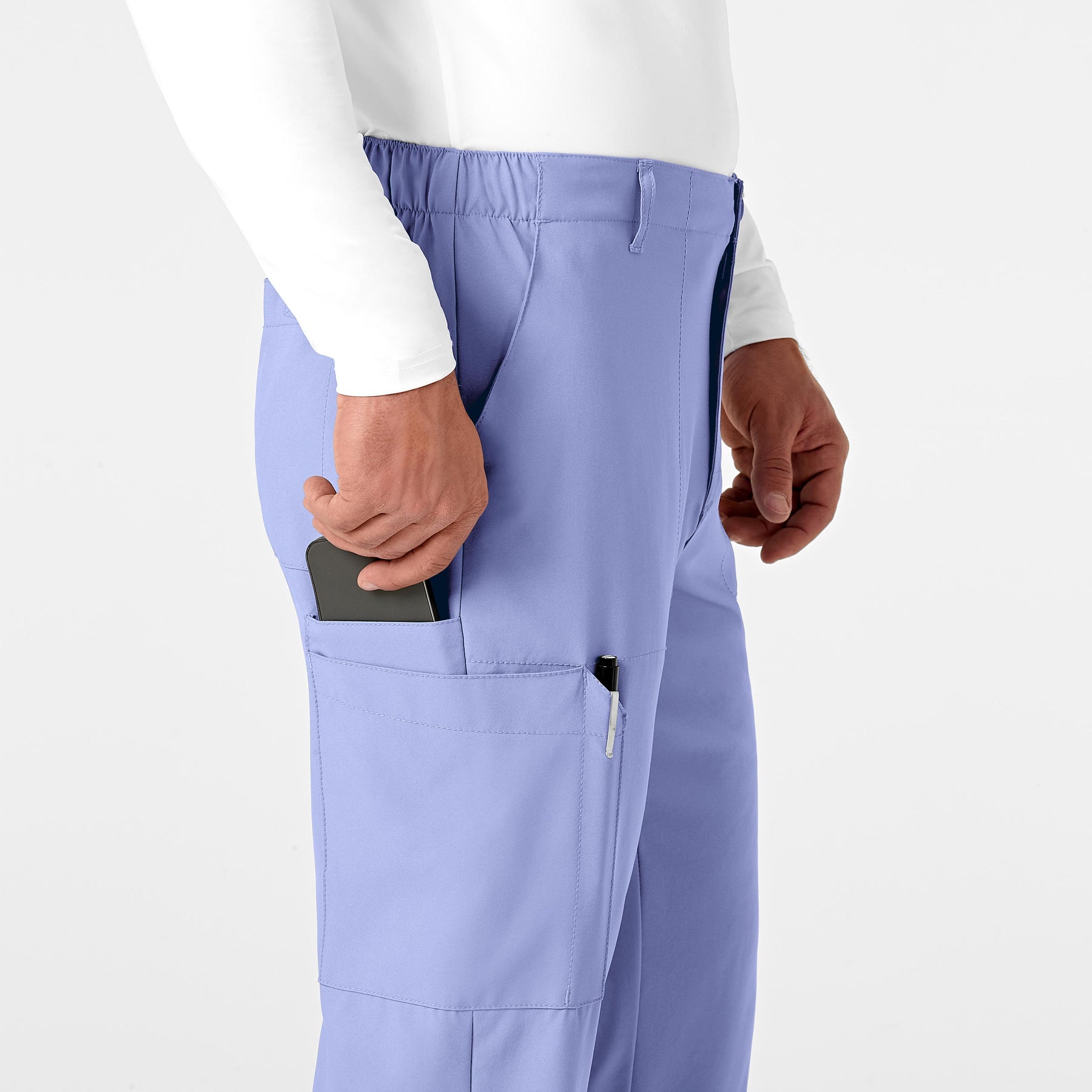W123 Men's Flat Front Cargo Scrub Pant Ceil Blue side detail 1