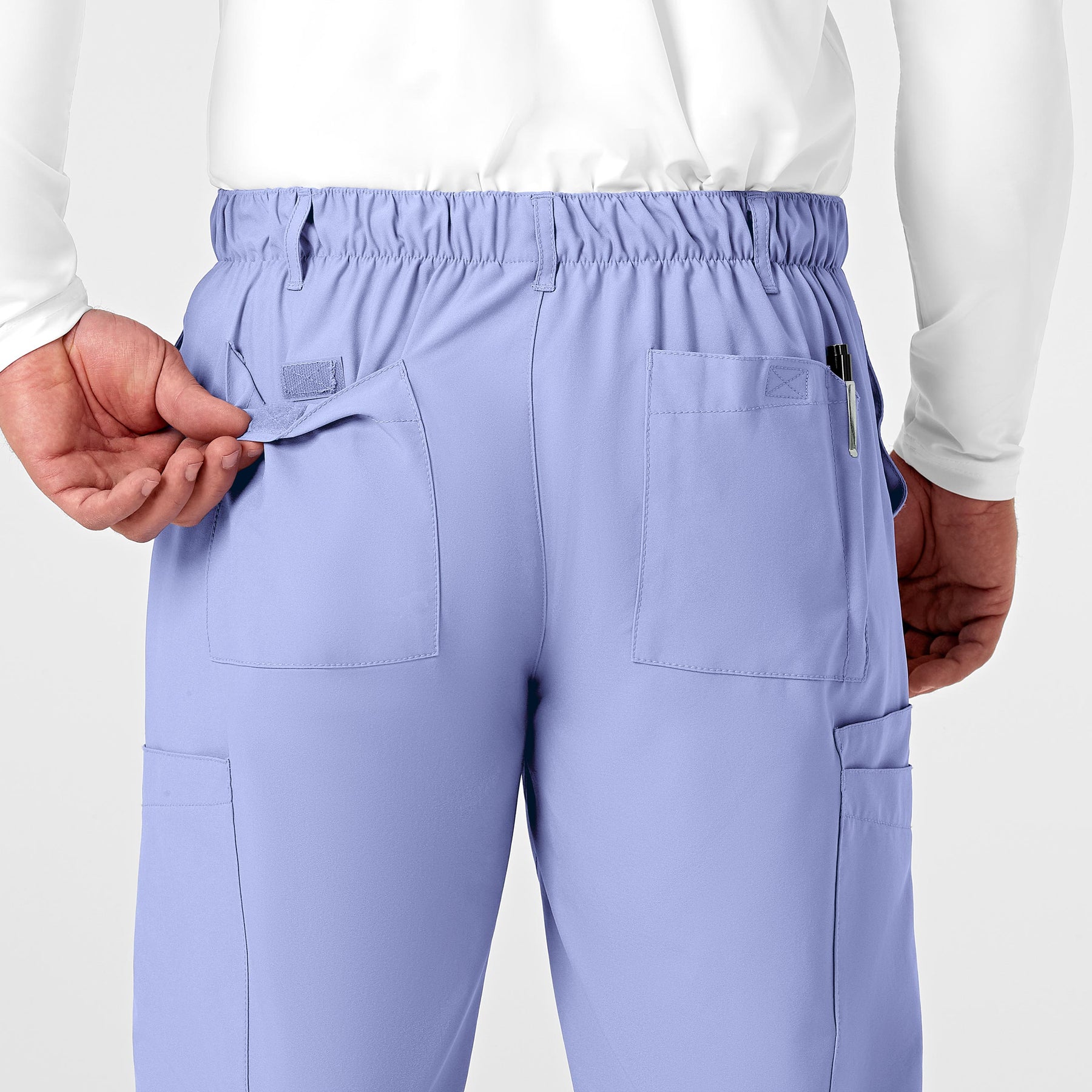 W123 Men's Flat Front Cargo Scrub Pant Ceil Blue back detail