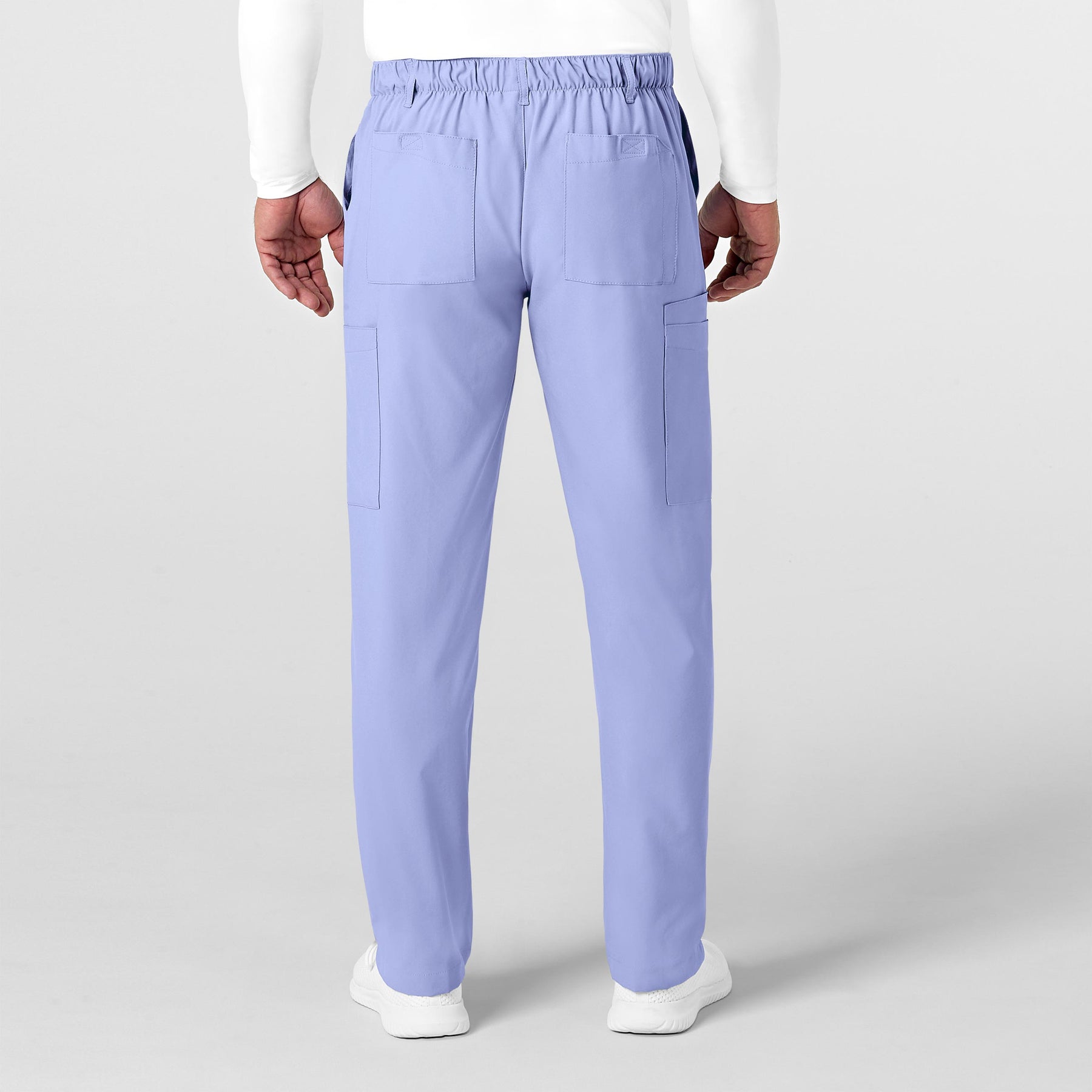 W123 Men's Flat Front Cargo Scrub Pant Ceil Blue back view