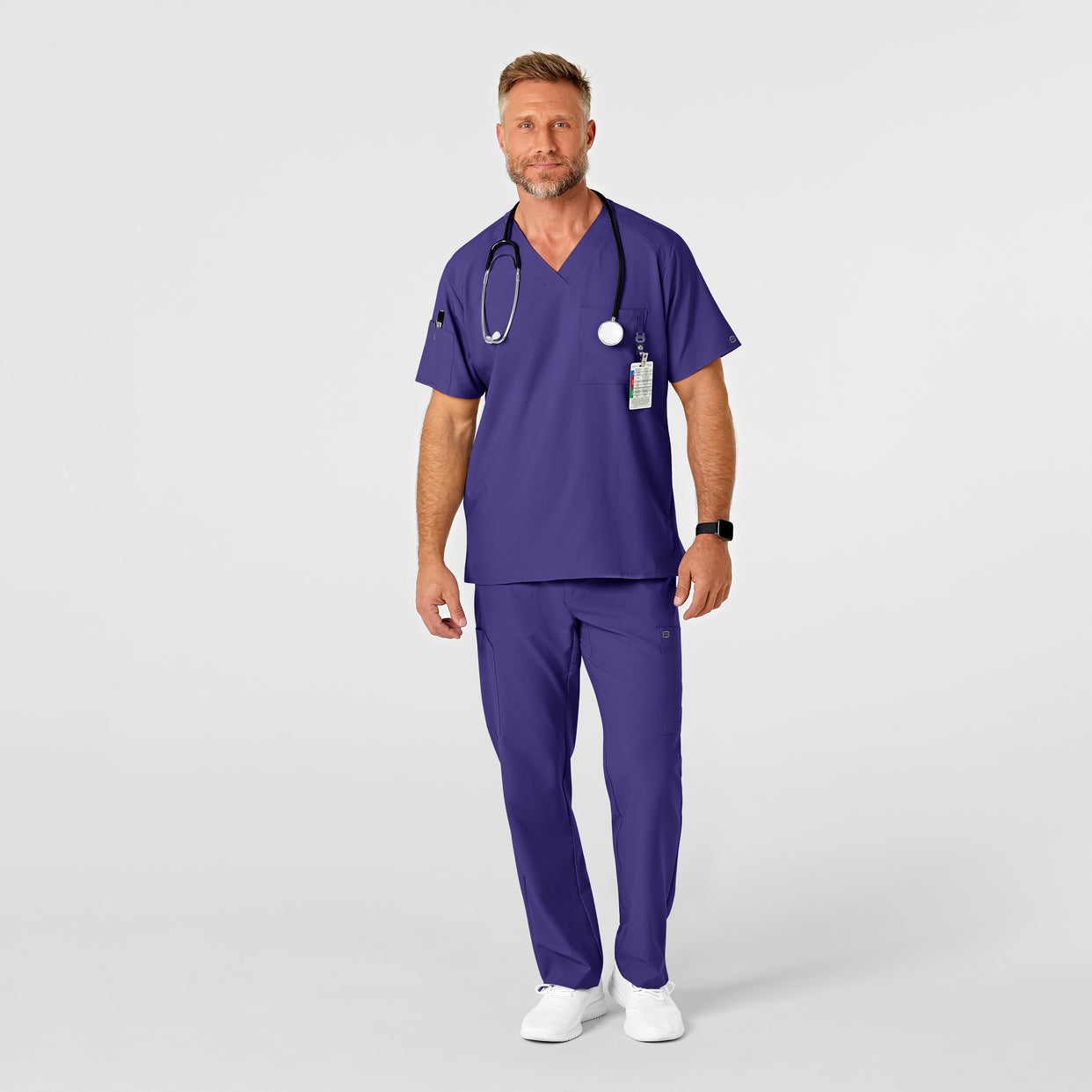 W123 Men's Flat Front Cargo Scrub Pant Grape scrub set