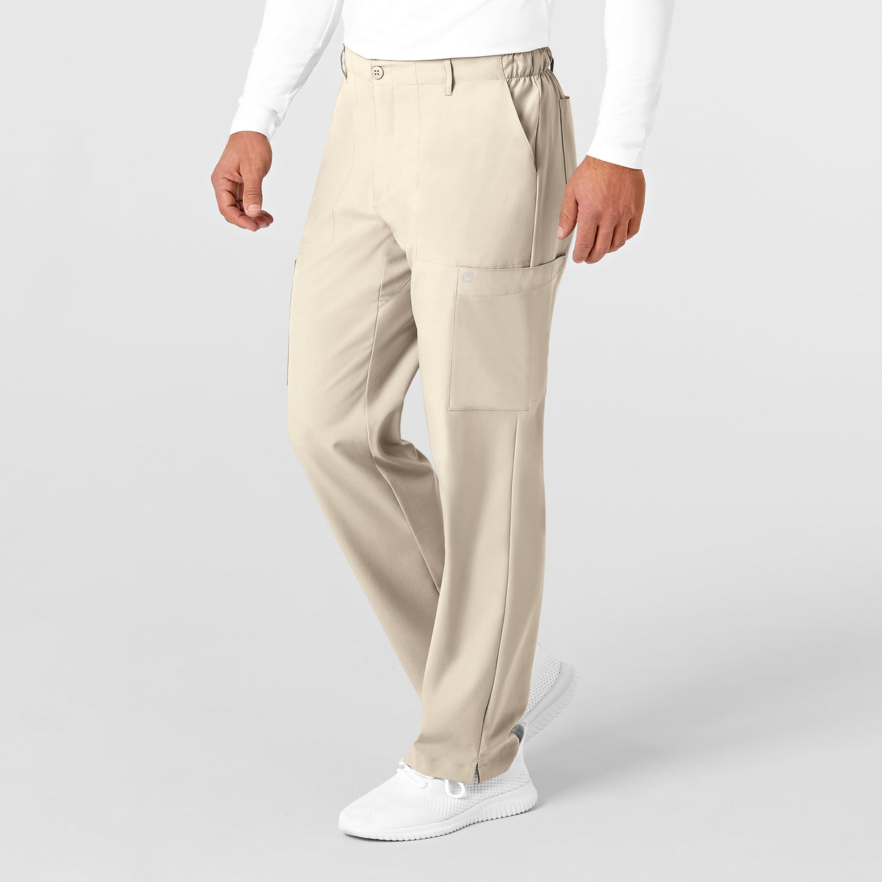 W123 Men's Flat Front Cargo Scrub Pant Khaki side view