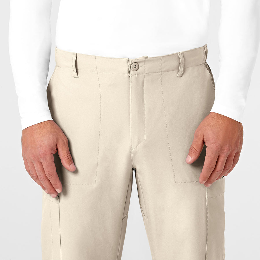 W123 Men's Flat Front Cargo Scrub Pant Khaki front detail