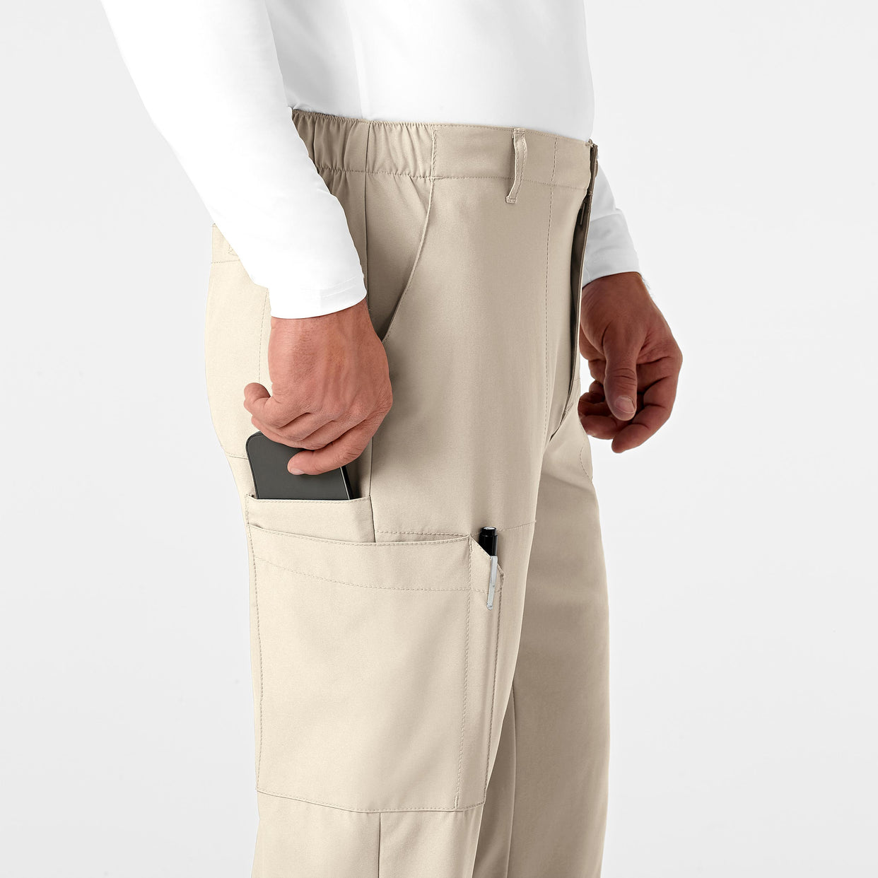 W123 Men's Flat Front Cargo Scrub Pant Khaki side detail 1