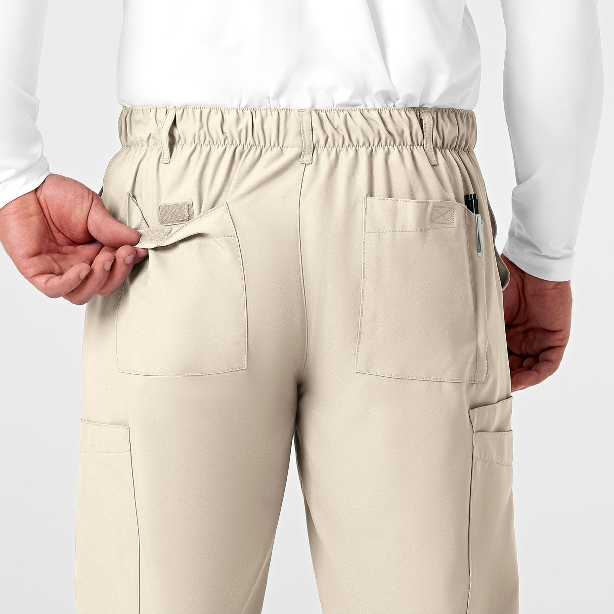 W123 Men's Flat Front Cargo Scrub Pant Khaki back detail