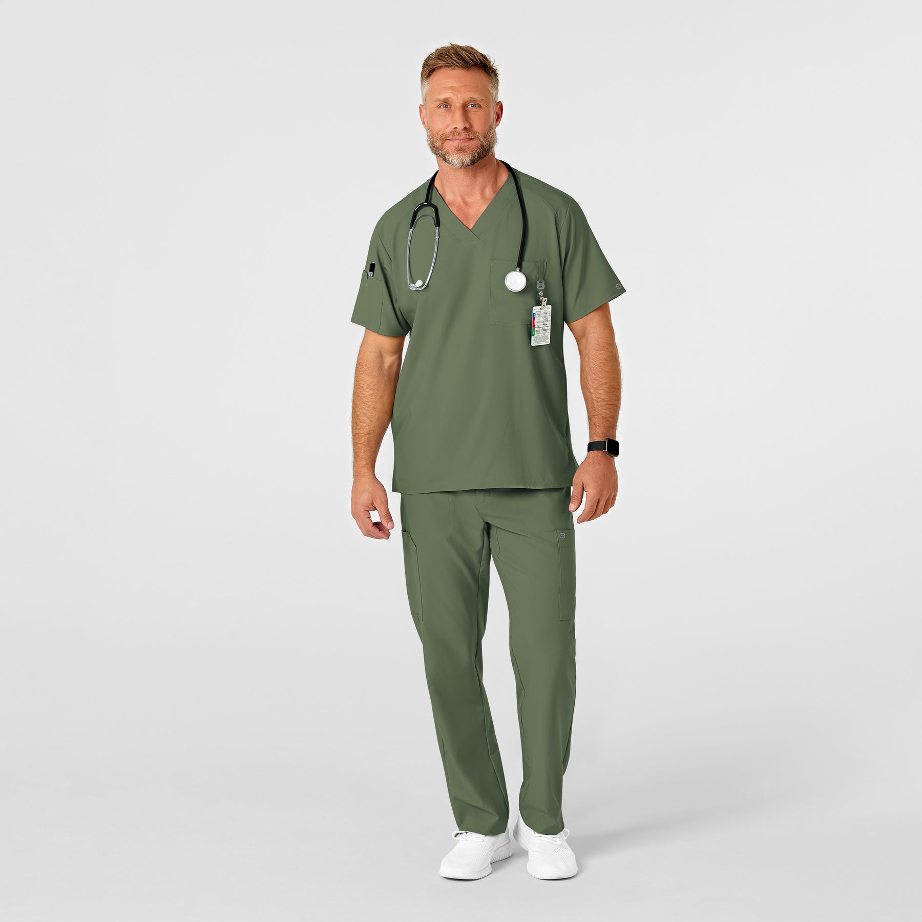 W123 Men's Flat Front Cargo Scrub Pant Olive scrub set