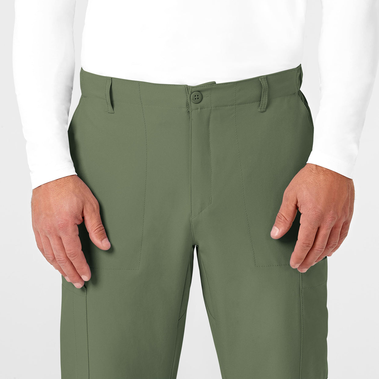 W123 Men's Flat Front Cargo Scrub Pant Olive front detail