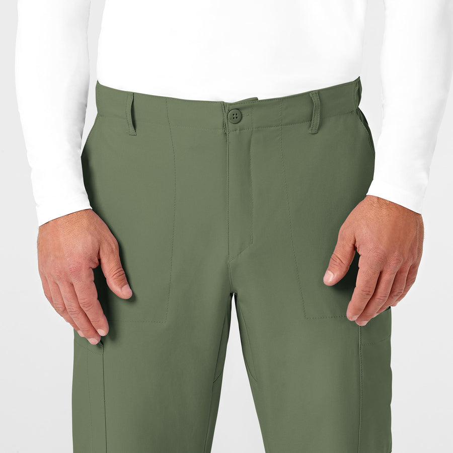W123 Men's Flat Front Cargo Scrub Pant Olive front detail