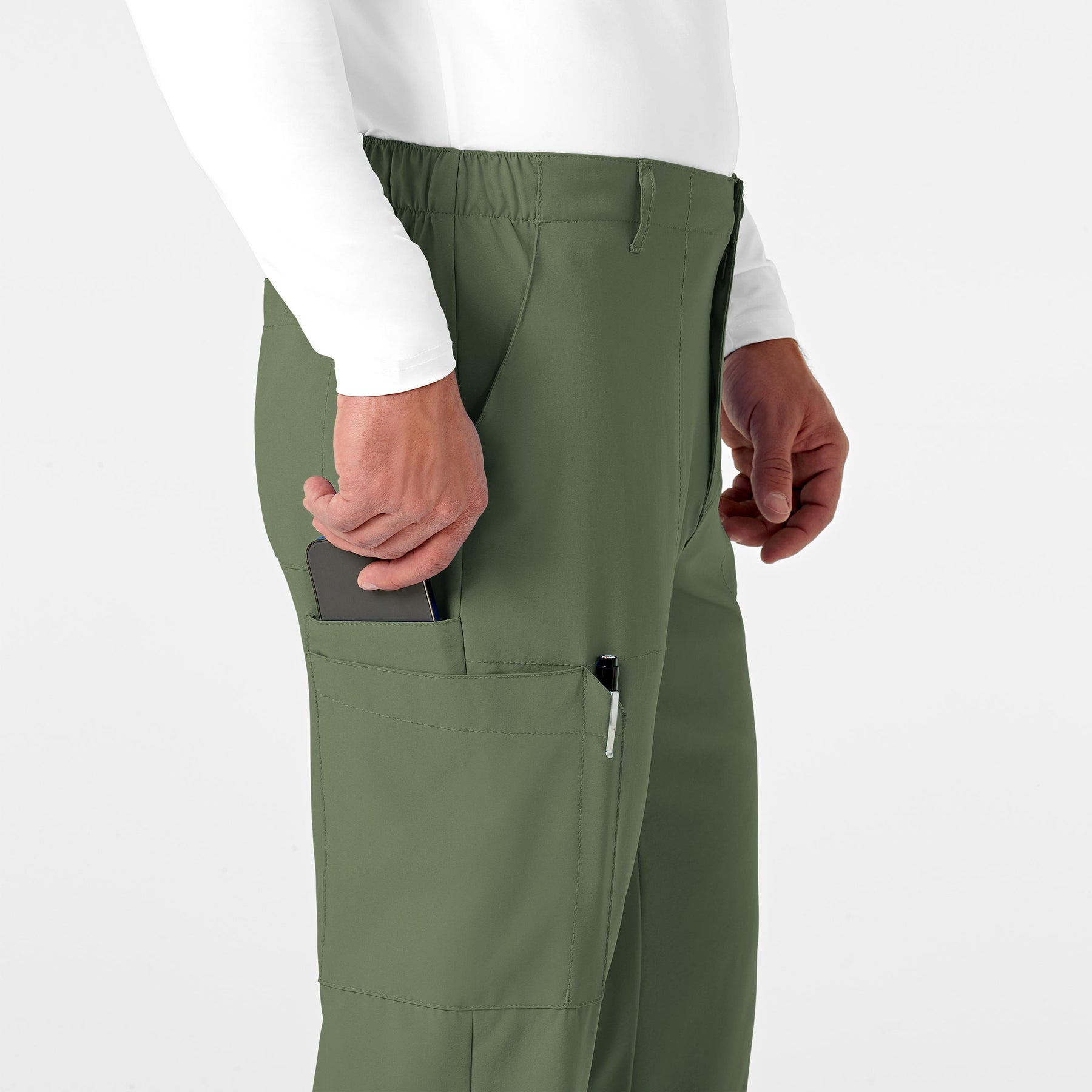 W123 Men's Flat Front Cargo Scrub Pant Olive side detail 1