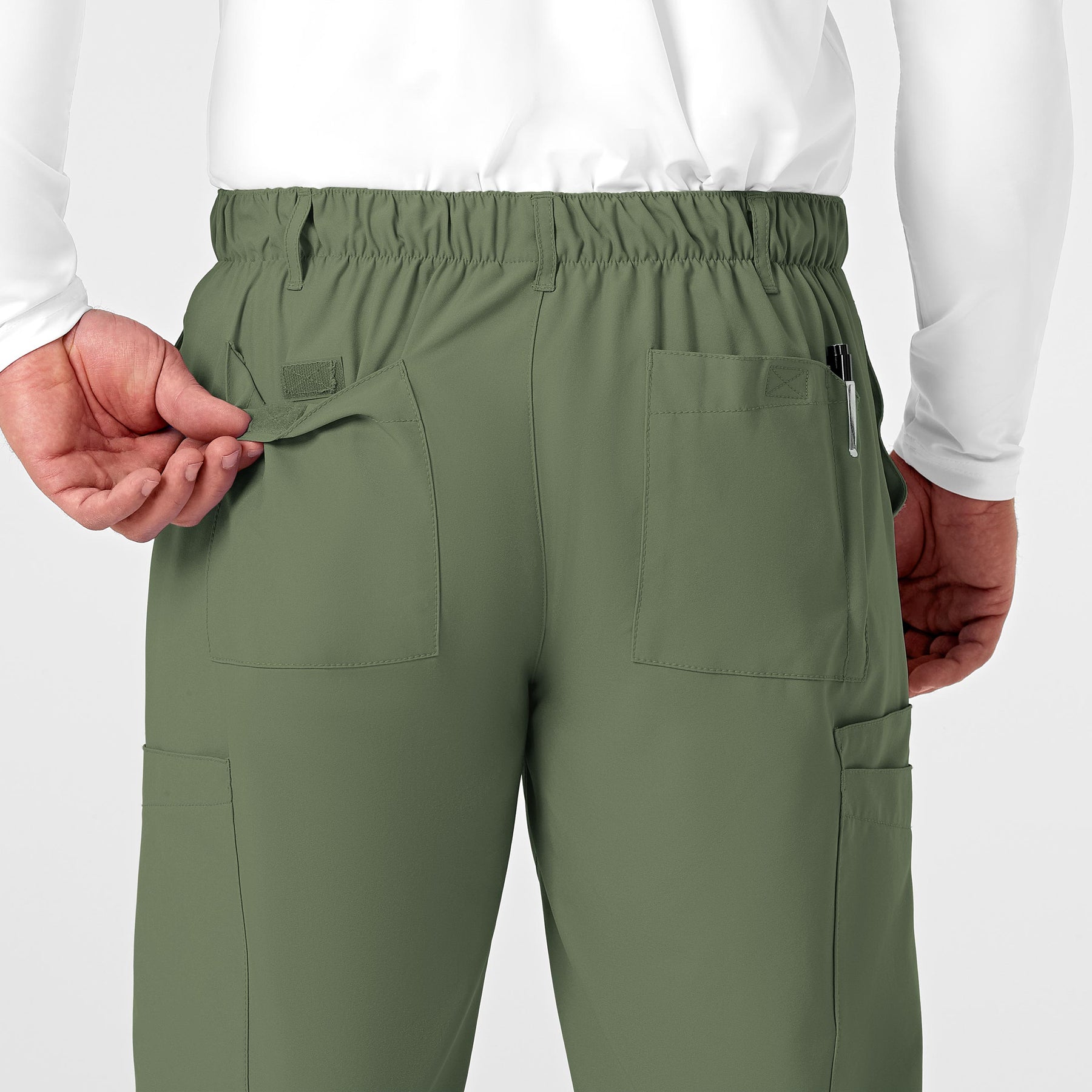 W123 Men's Flat Front Cargo Scrub Pant Olive back detail