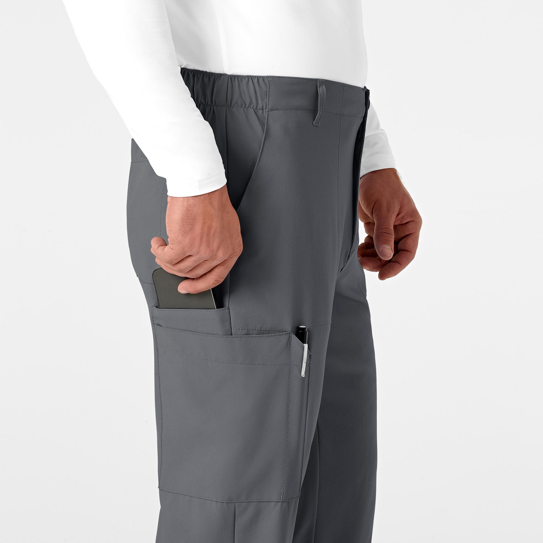 W123 Men's Flat Front Cargo Scrub Pant Pewter side detail 1