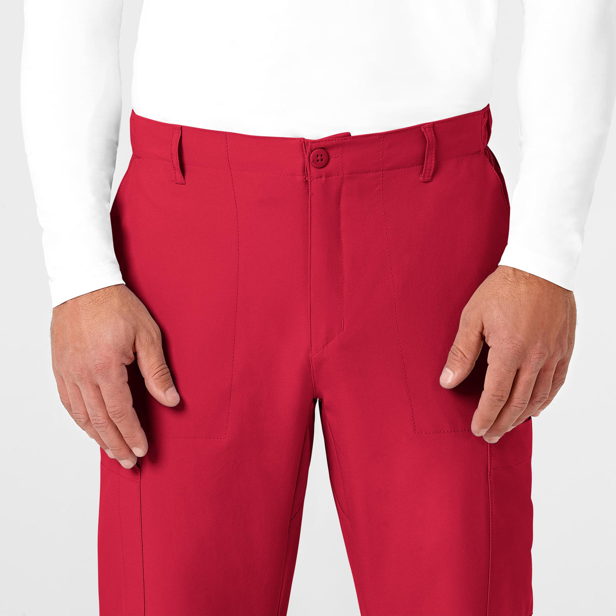 W123 Men's Flat Front Cargo Scrub Pant Red front detail