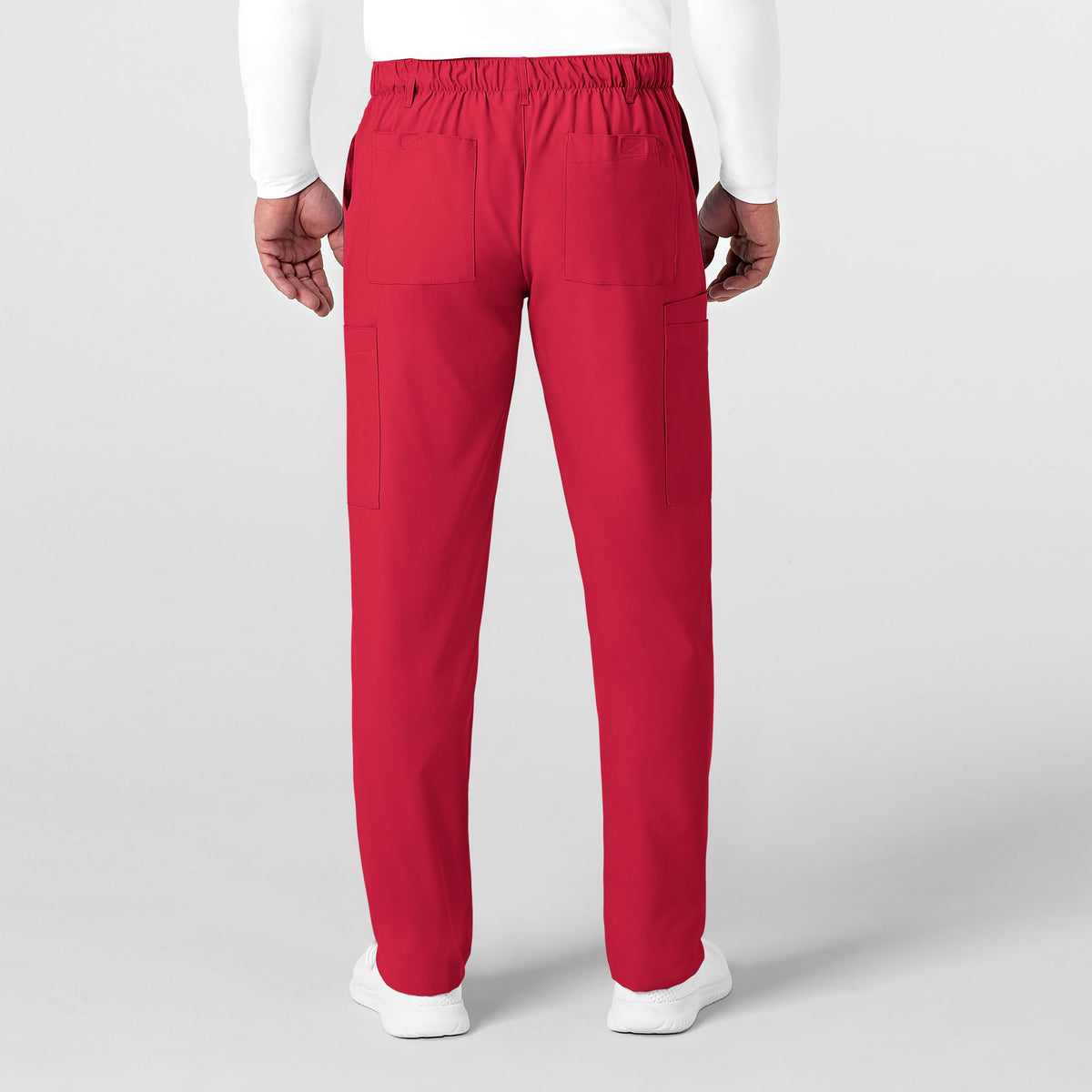 W123 Men's Flat Front Cargo Scrub Pant Red back view
