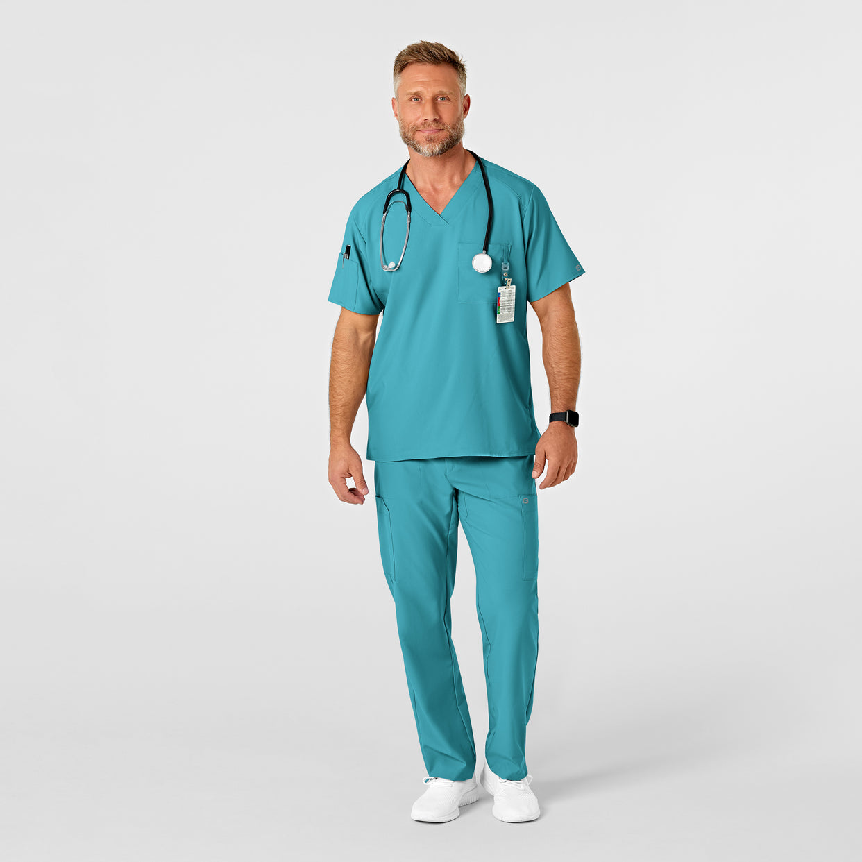 W123 Men's Flat Front Cargo Scrub Pant Teal Blue scrub set