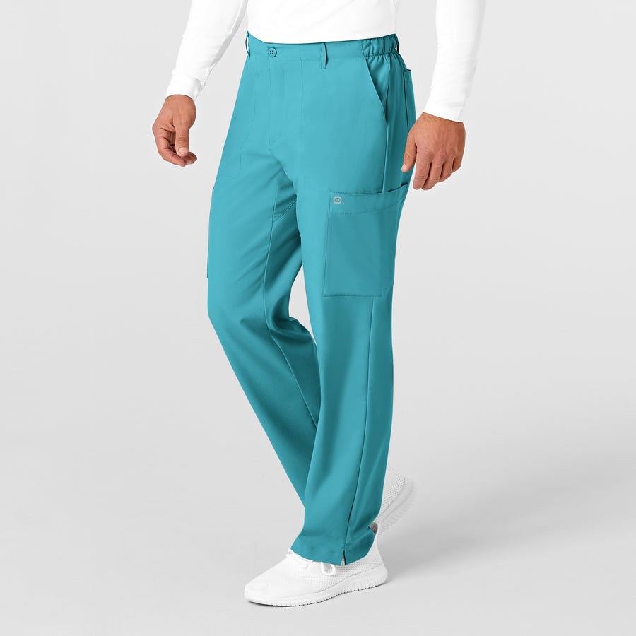W123 Men's Flat Front Cargo Scrub Pant Teal Blue side view