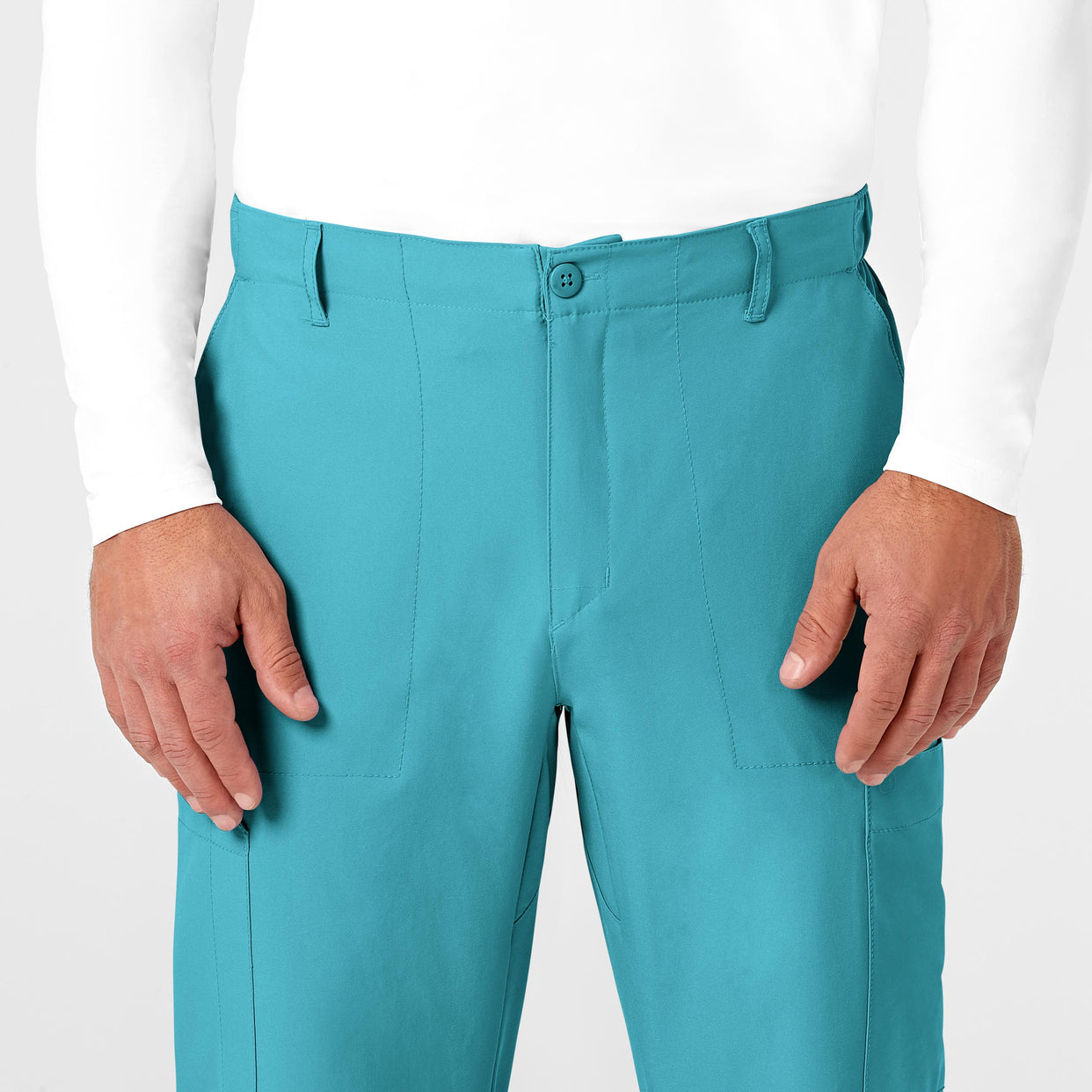 W123 Men's Flat Front Cargo Scrub Pant Teal Blue front detail