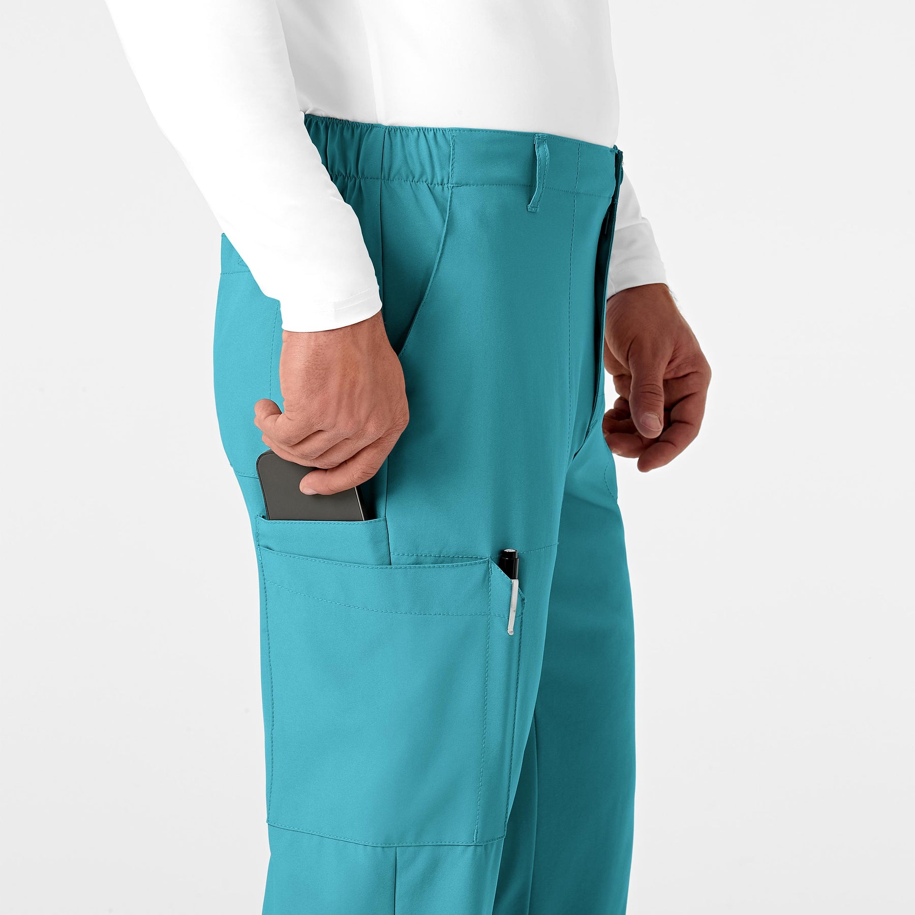 W123 Men's Flat Front Cargo Scrub Pant Teal Blue side detail 1