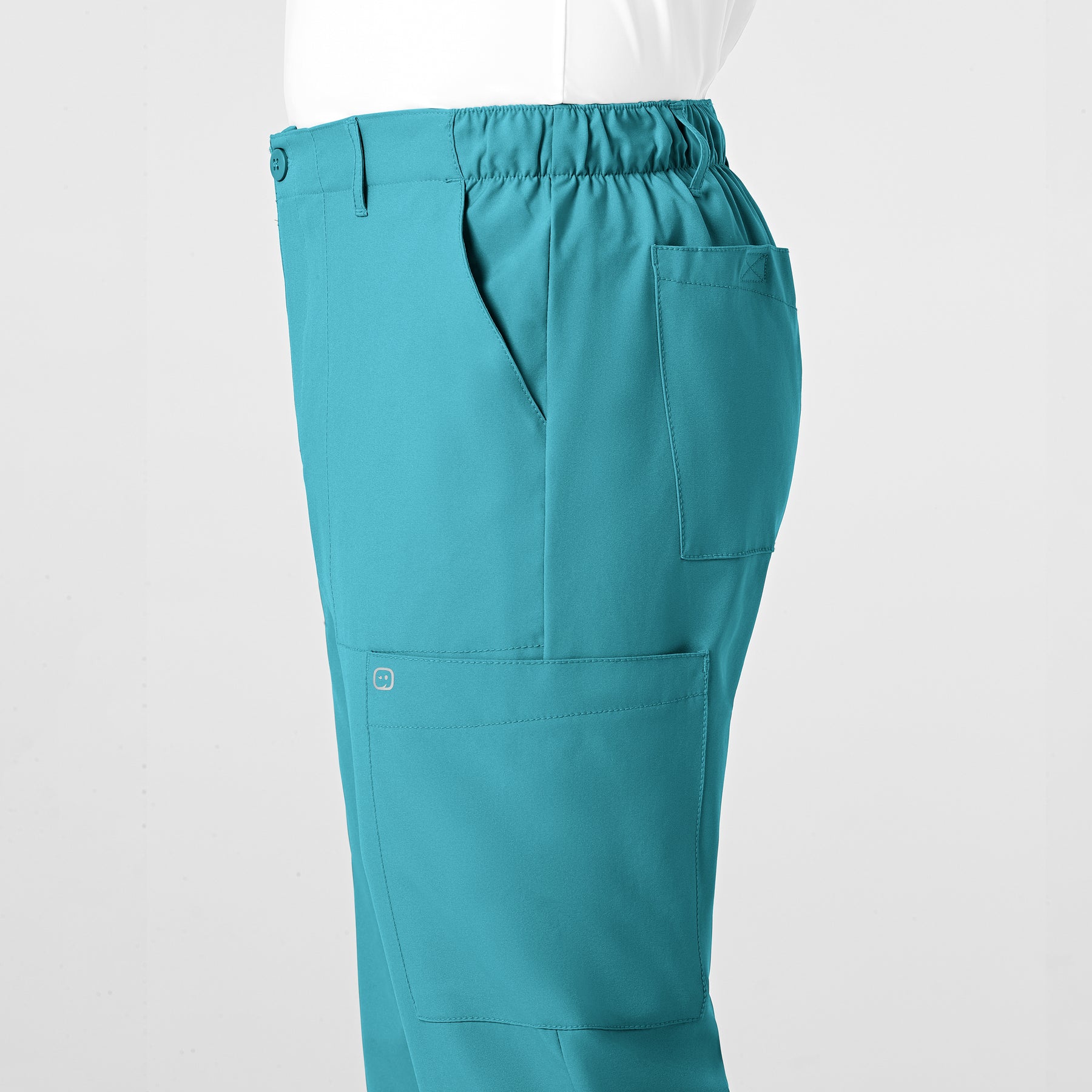 W123 Men's Flat Front Cargo Scrub Pant Teal Blue side detail 2