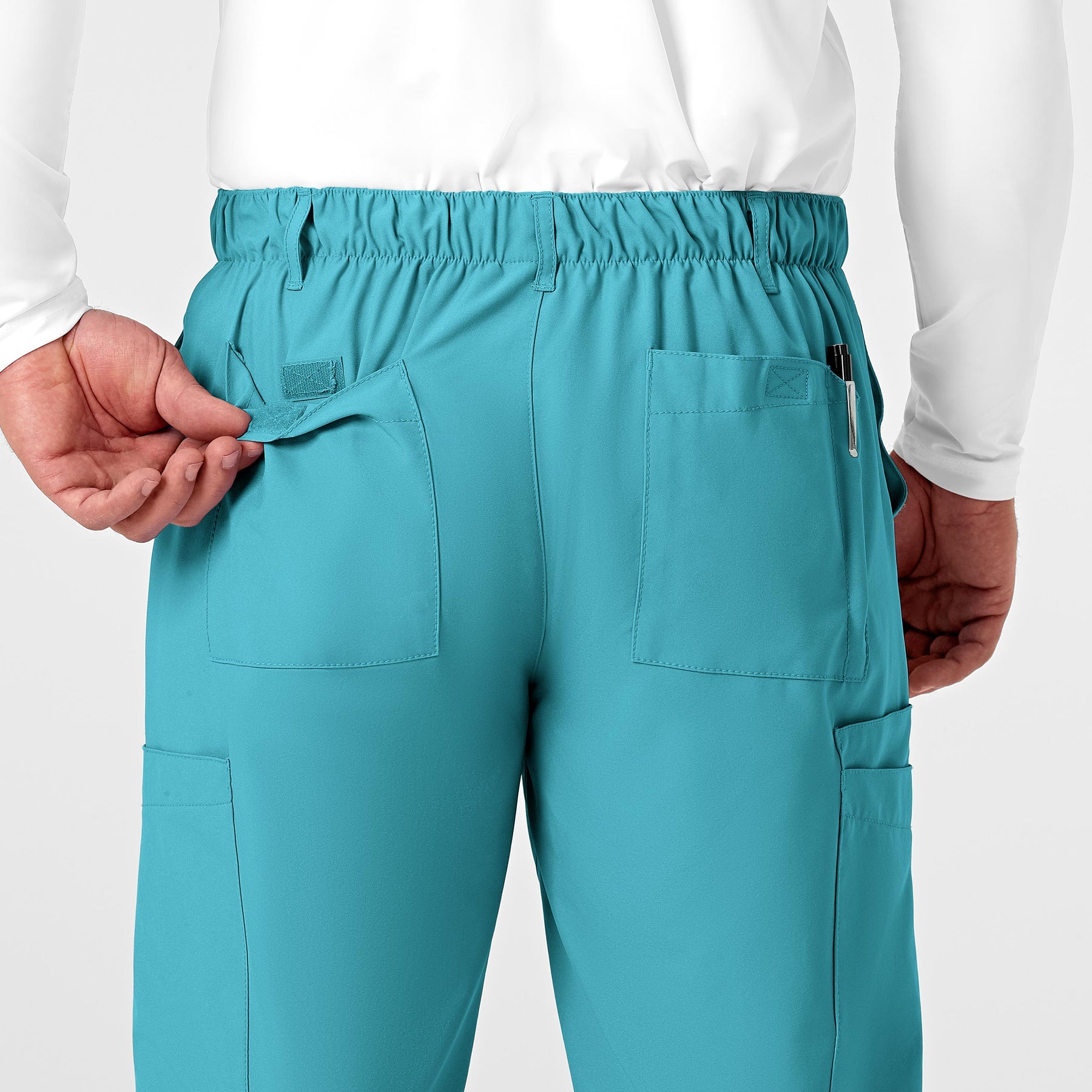 W123 Men's Flat Front Cargo Scrub Pant Teal Blue back detail