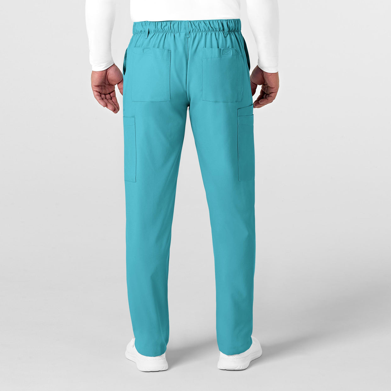 W123 Men's Flat Front Cargo Scrub Pant Teal Blue back view