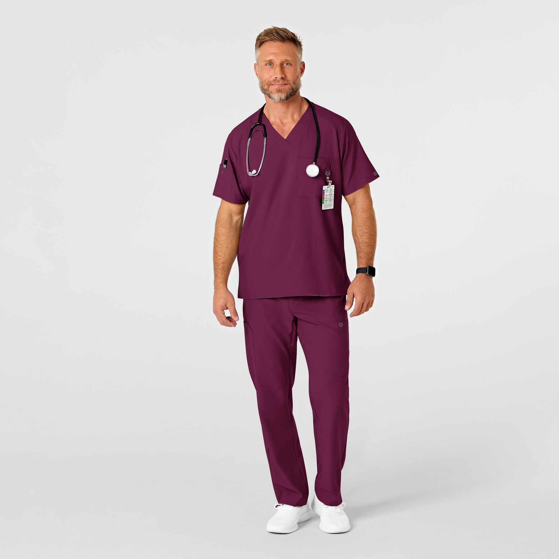 W123 Men's Flat Front Cargo Scrub Pant Wine scrub set