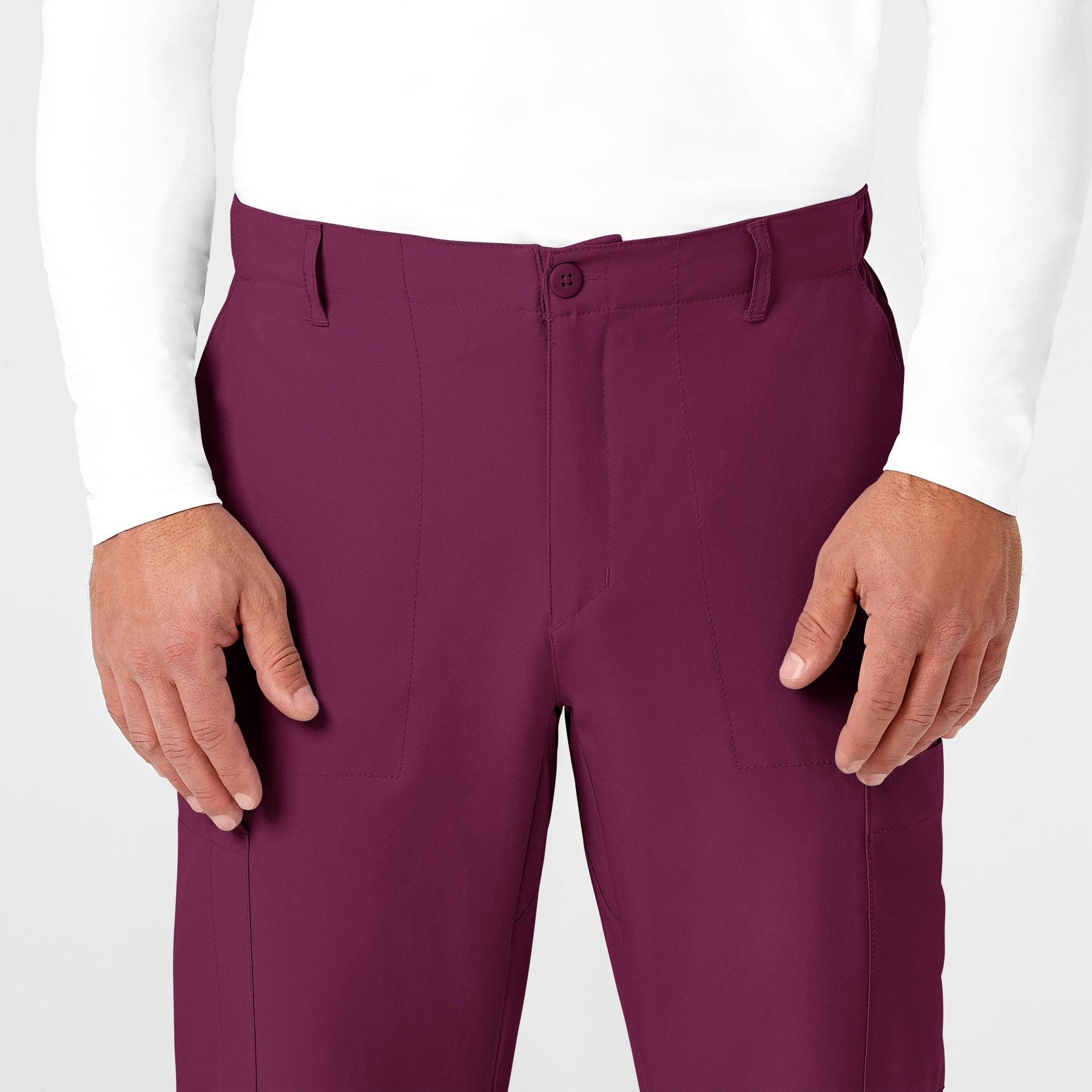 W123 Men's Flat Front Cargo Scrub Pant Wine front detail